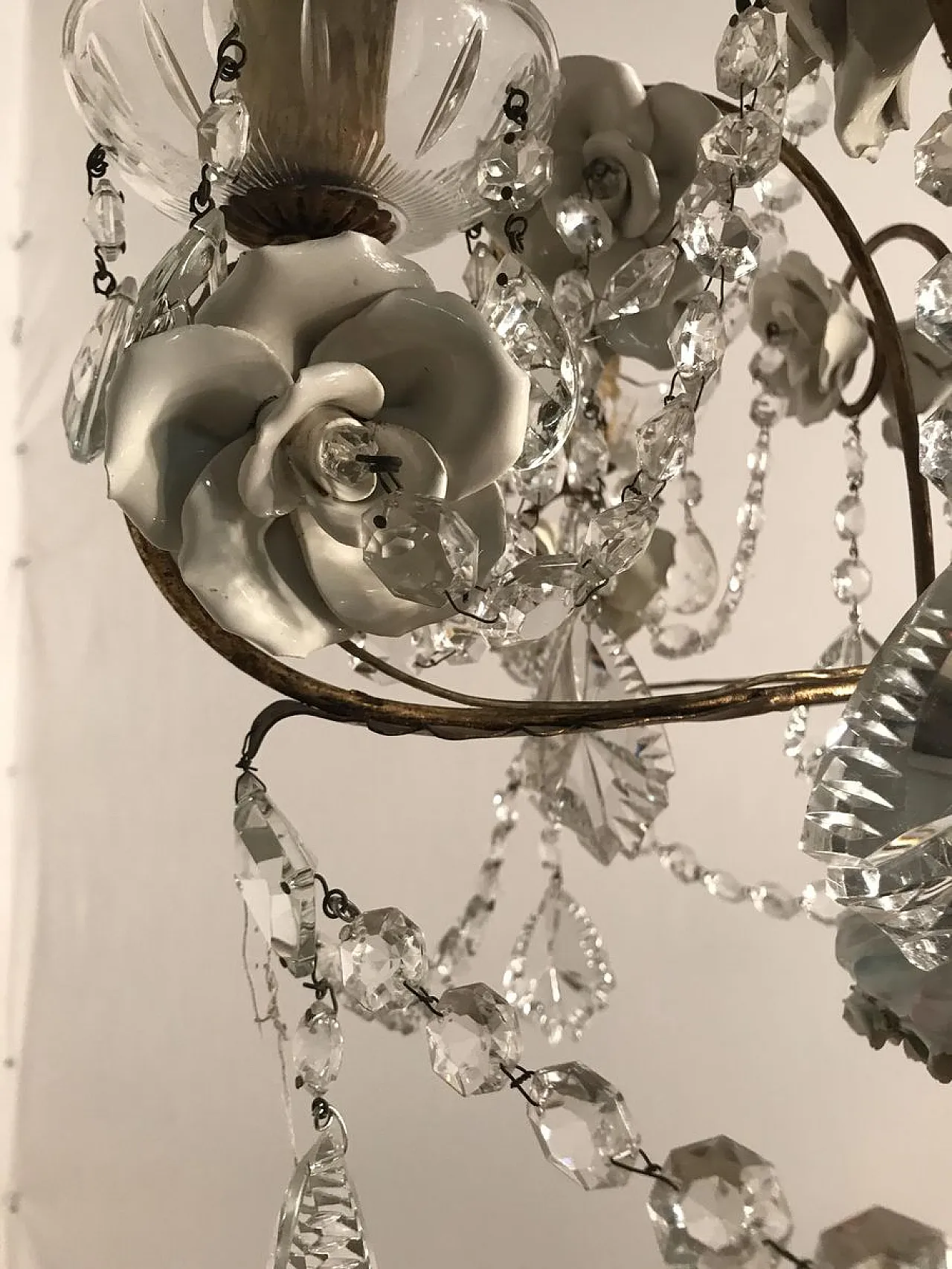 Lampadario vintage in porcellana e cristallo, anni '30 5