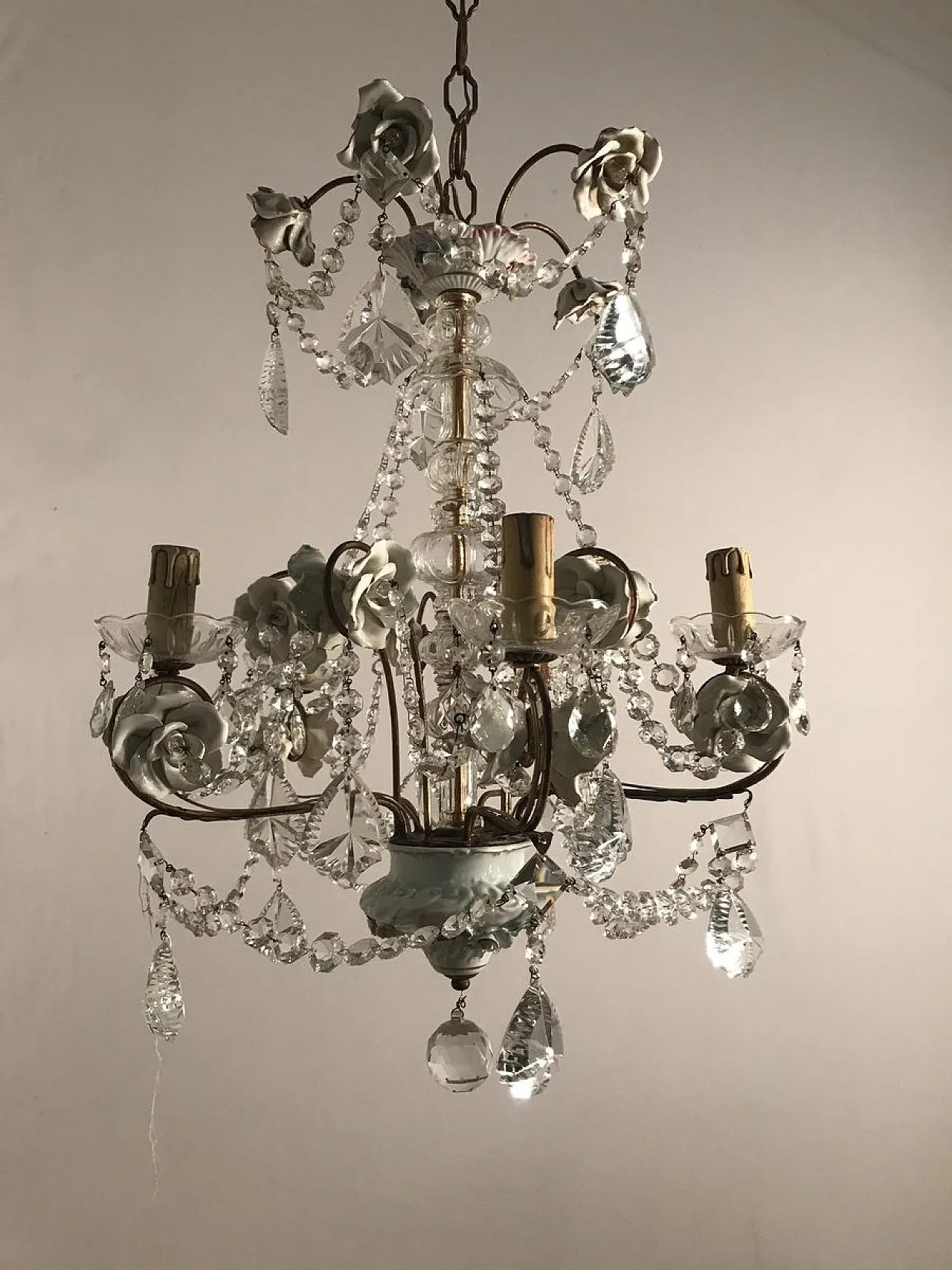 Lampadario vintage in porcellana e cristallo, anni '30 6