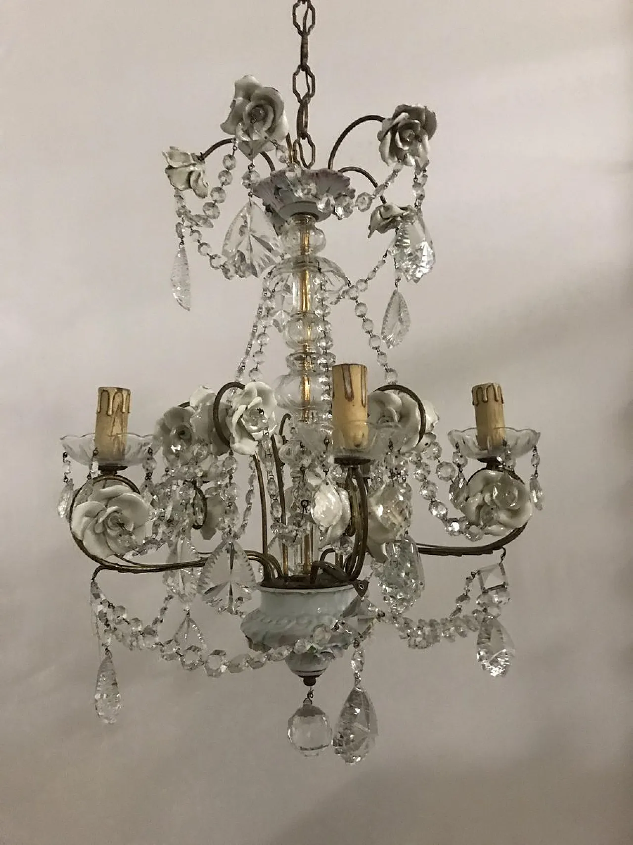 Lampadario vintage in porcellana e cristallo, anni '30 7