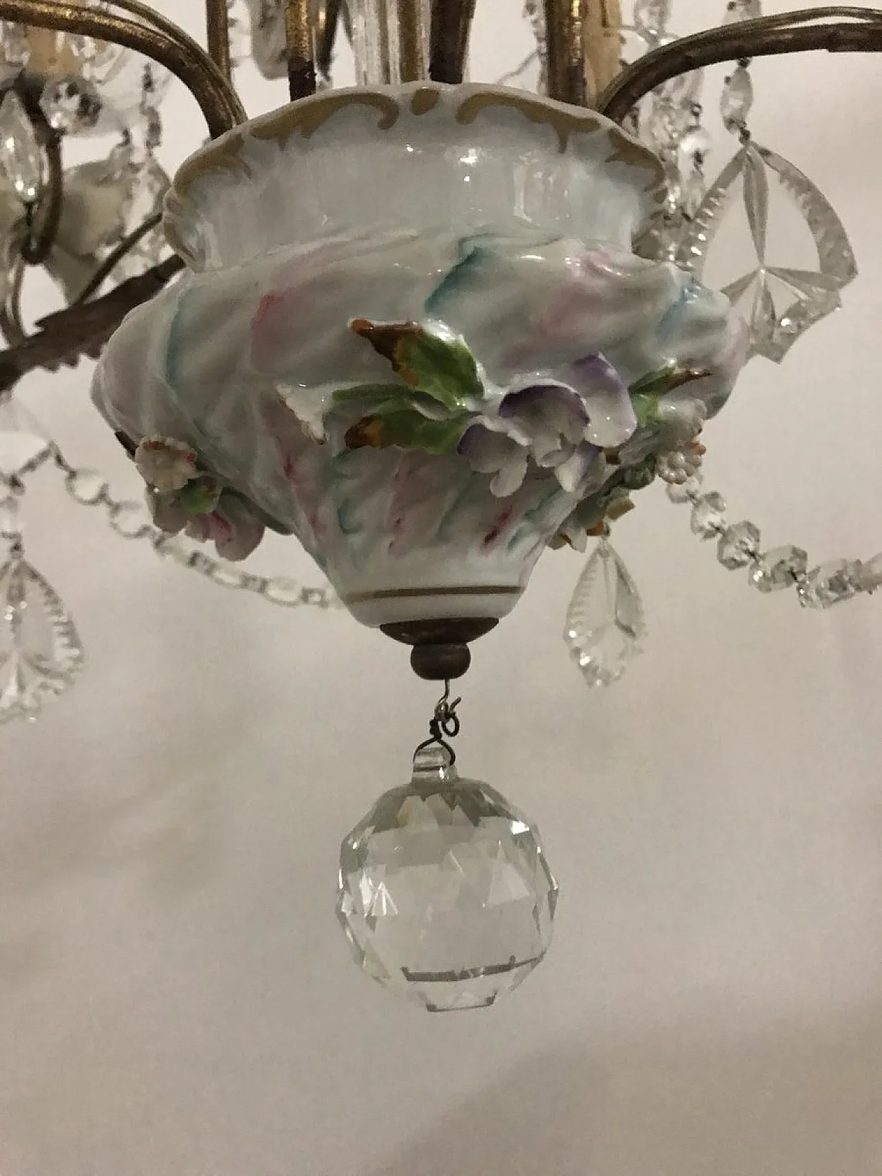 Lampadario vintage in porcellana e cristallo, anni '30 8