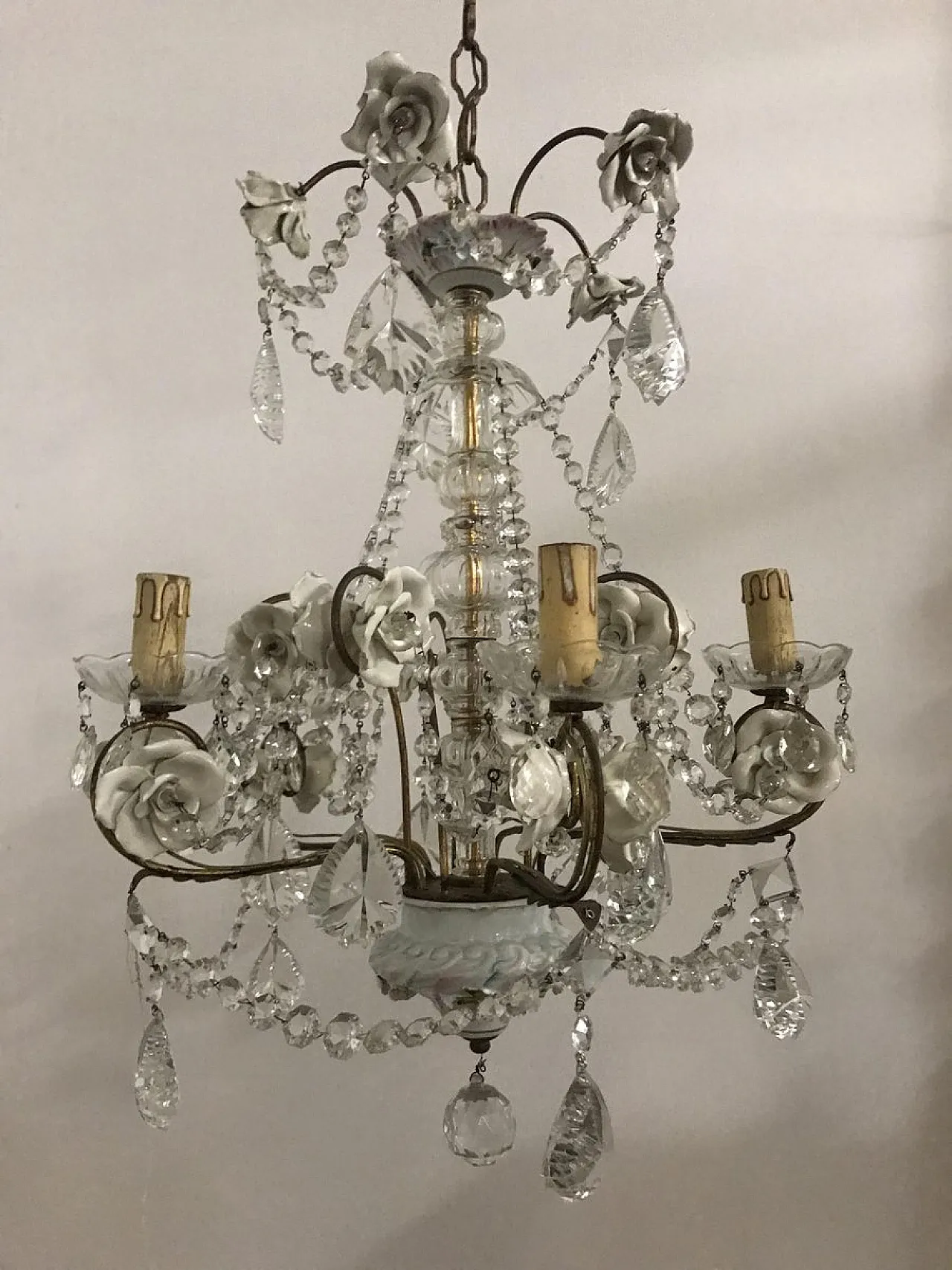 Lampadario vintage in porcellana e cristallo, anni '30 9