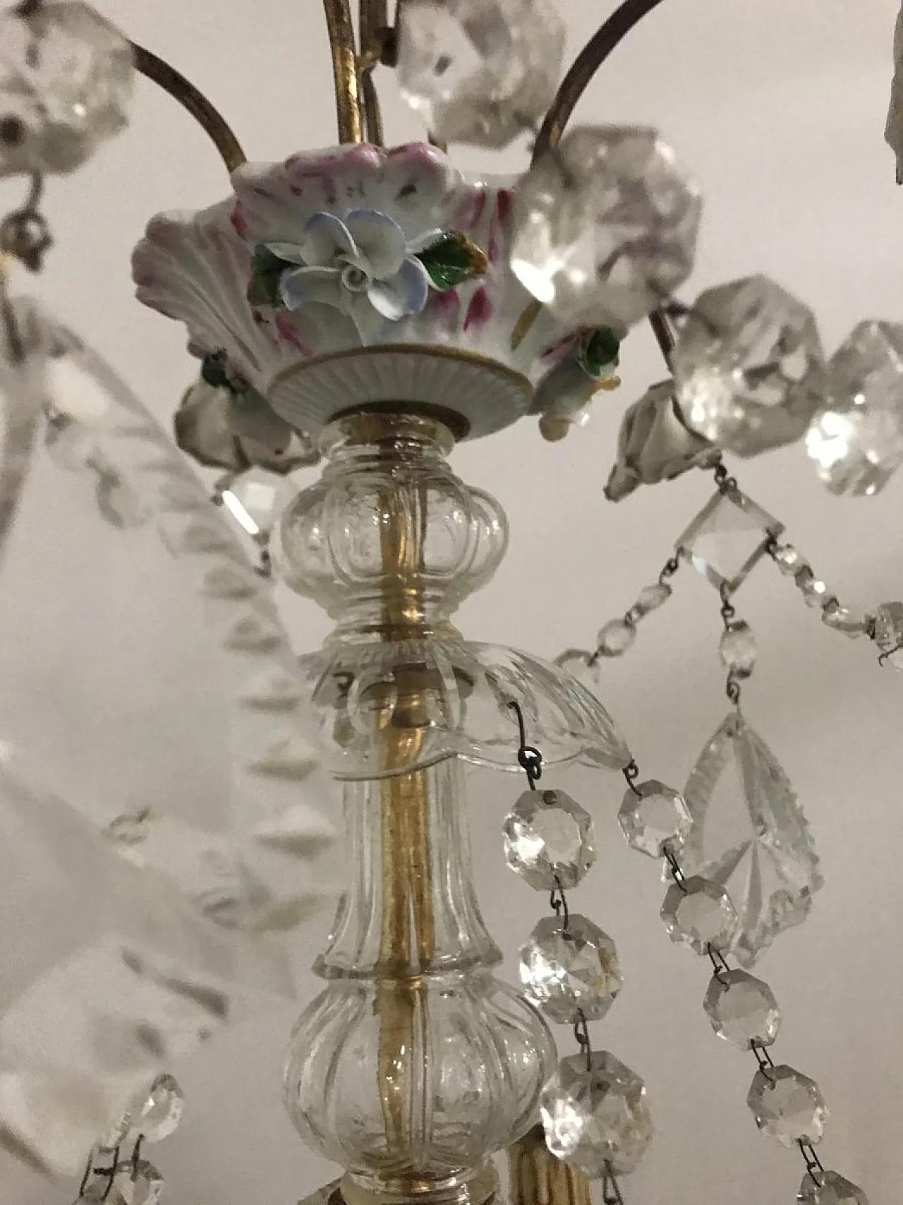 Lampadario vintage in porcellana e cristallo, anni '30 10