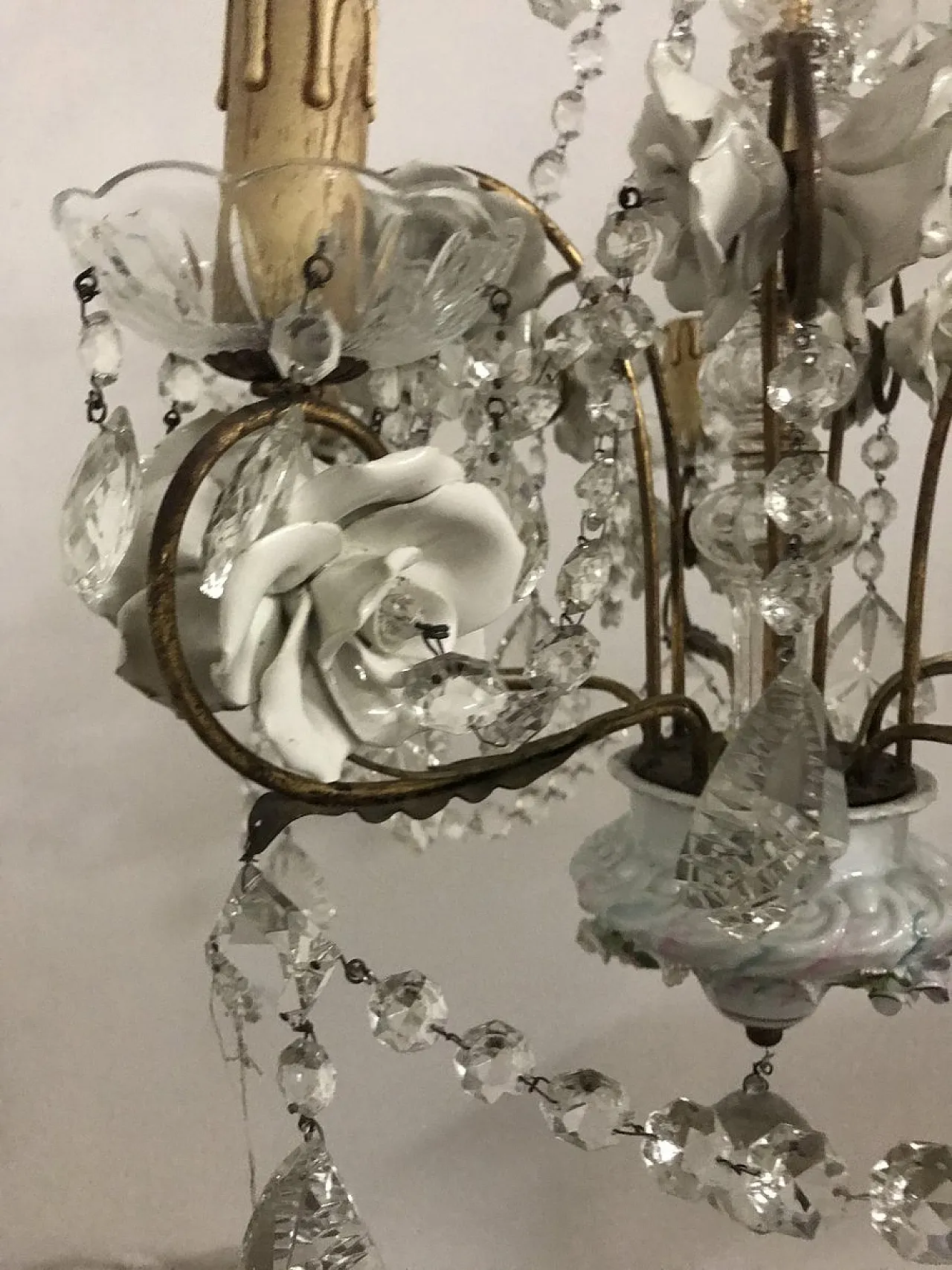 Lampadario vintage in porcellana e cristallo, anni '30 11