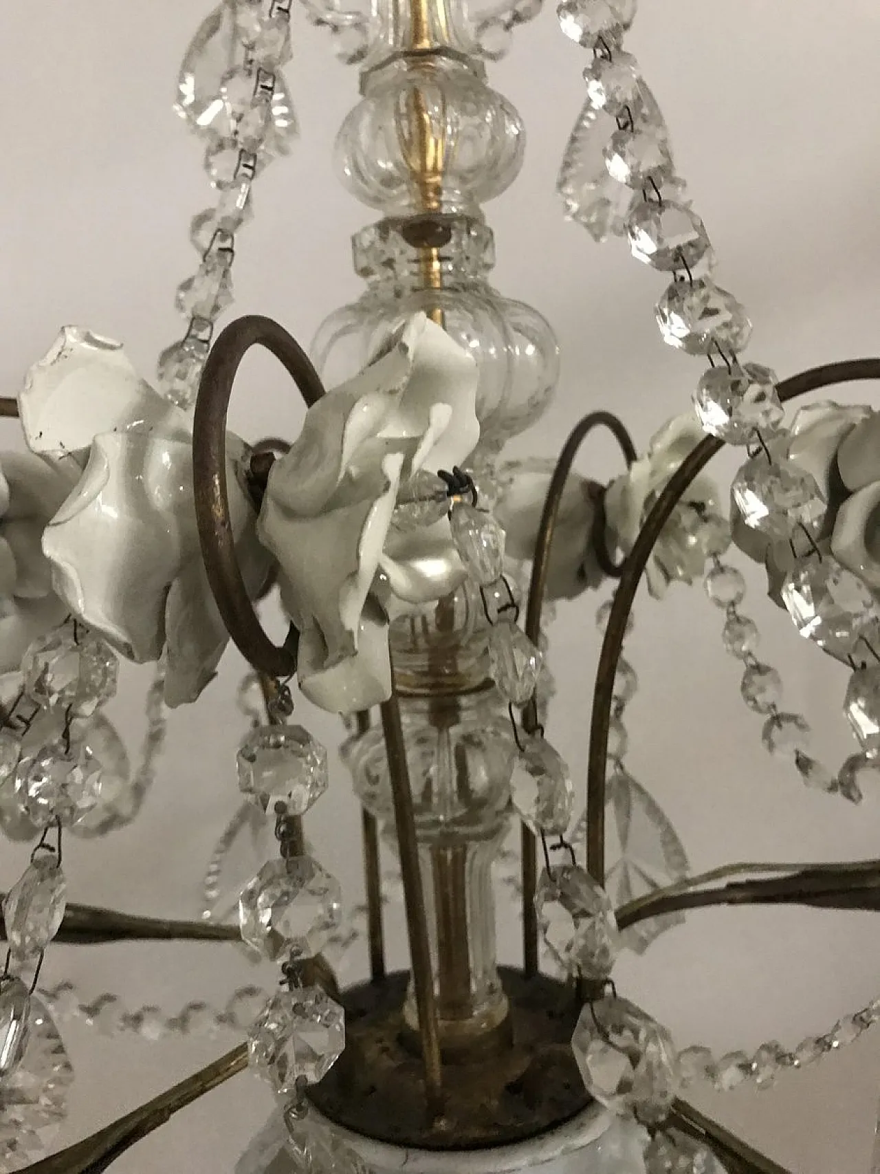 Lampadario vintage in porcellana e cristallo, anni '30 12