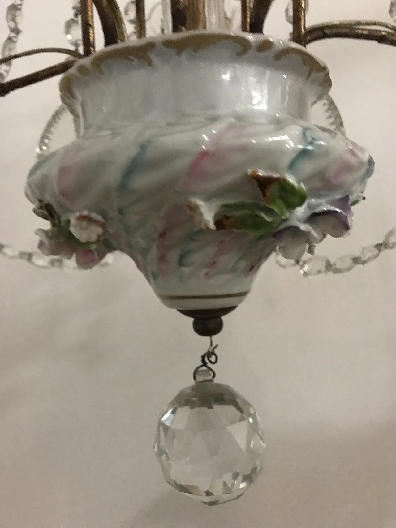 Lampadario vintage in porcellana e cristallo, anni '30 13