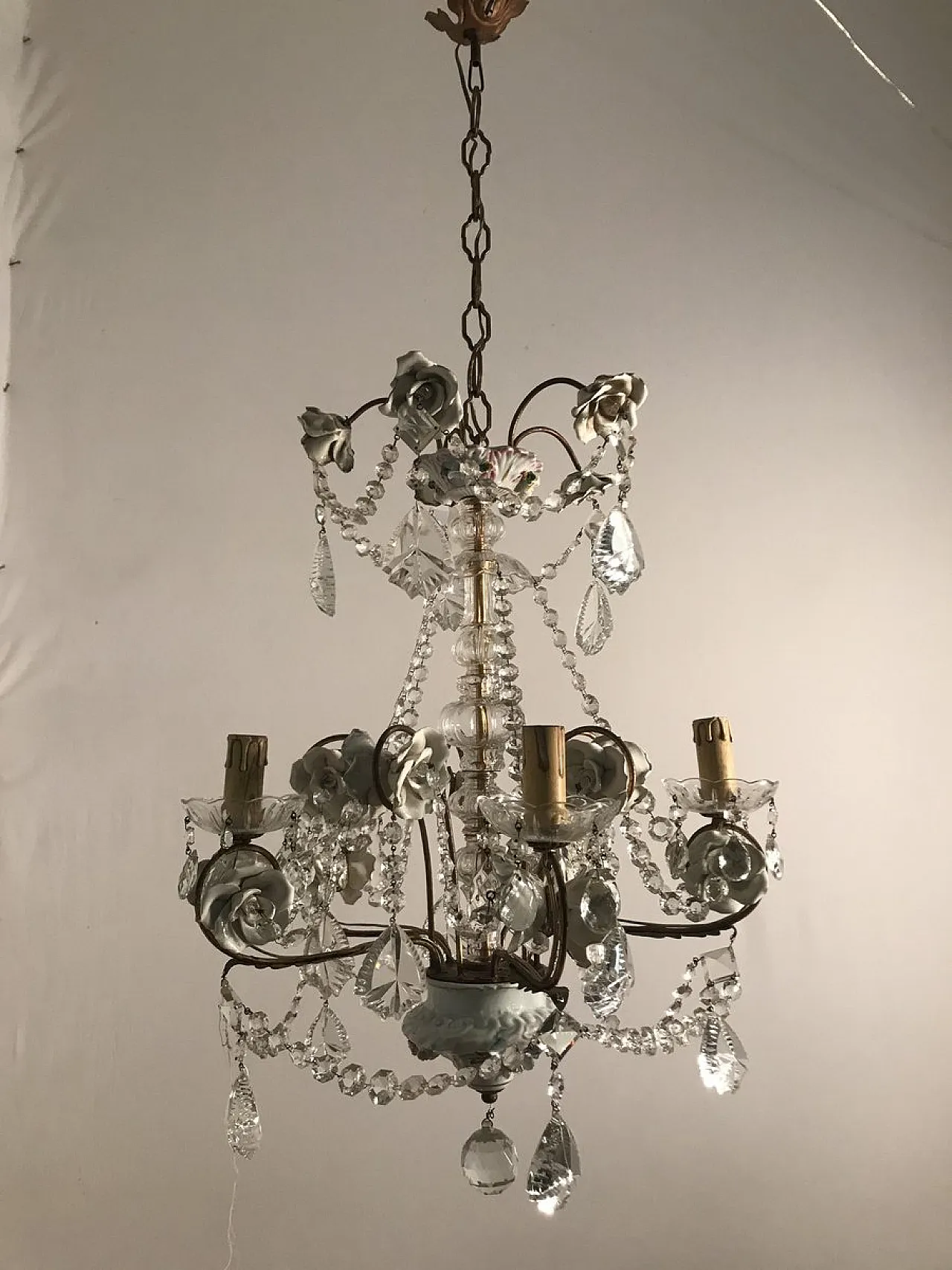 Lampadario vintage in porcellana e cristallo, anni '30 14