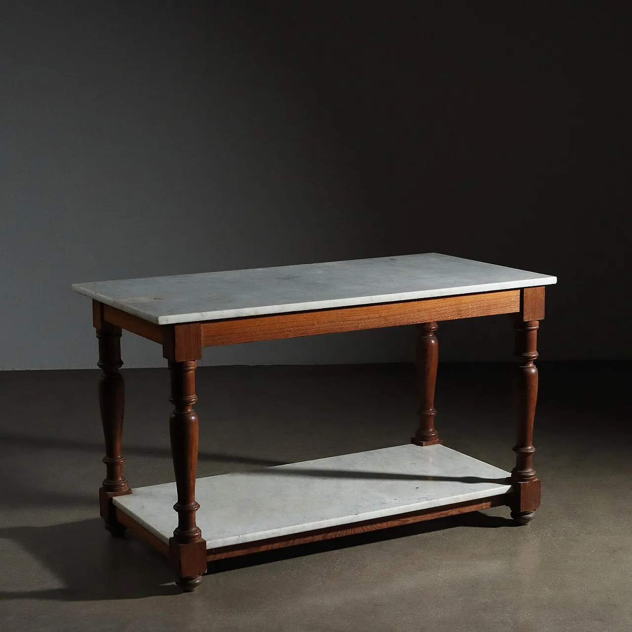 Tavolo da lavoro in larice e marmo, metà '900 1