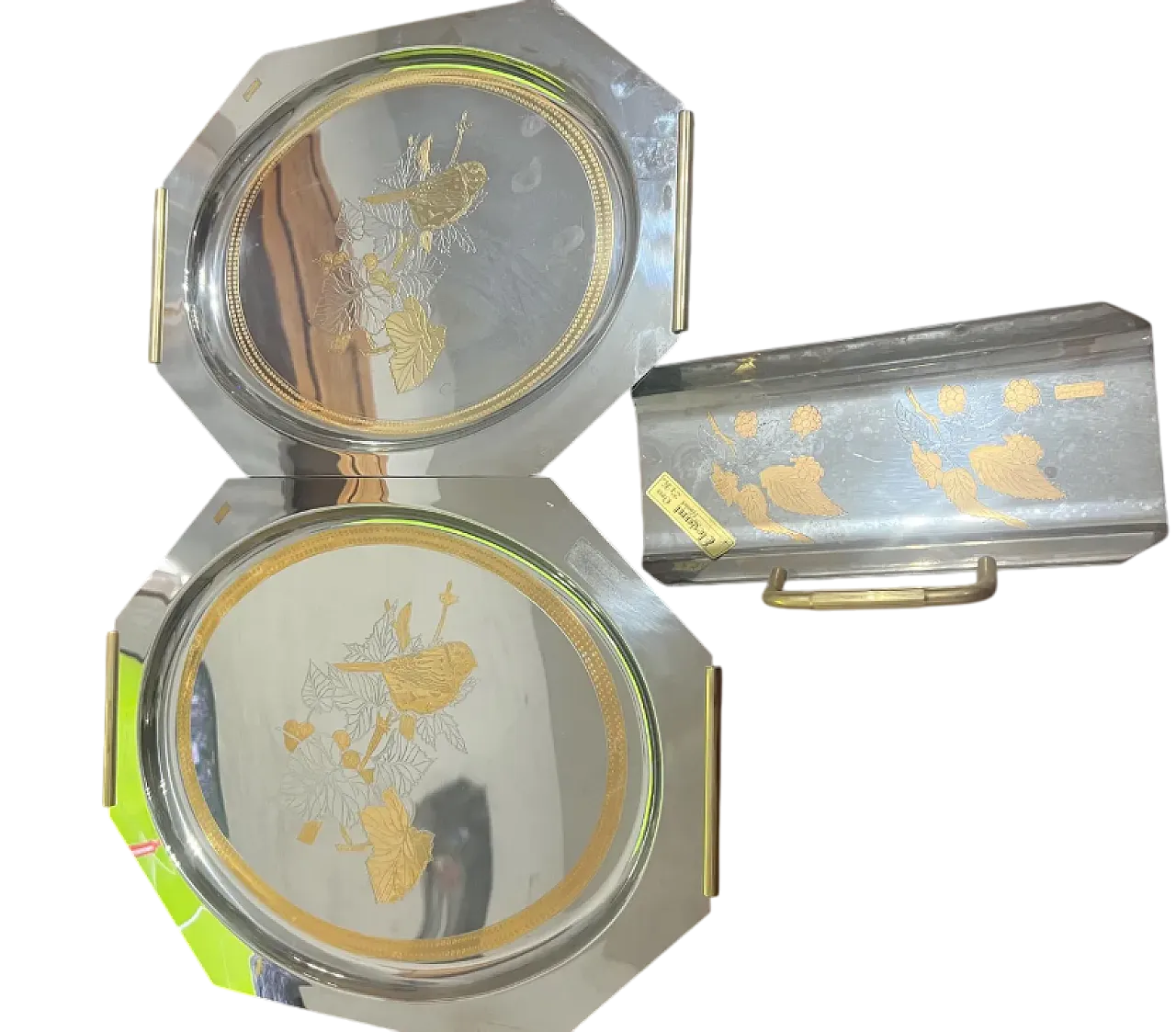 3 Vassoi da portata in metallo placcato in acciaio inox, anni '90 11