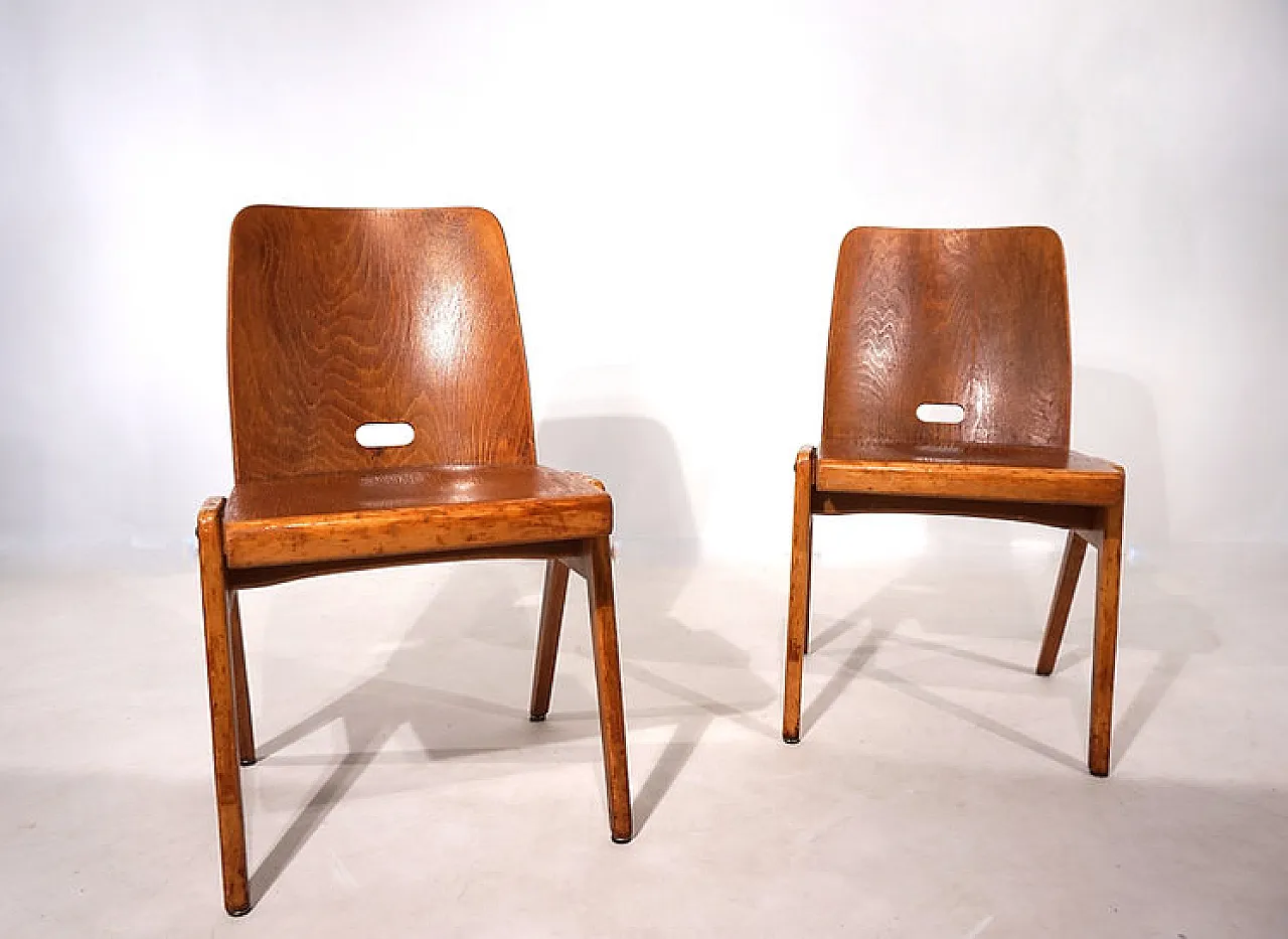 Coppia di sedie da pranzo impilabili in compensato, anni '60 5