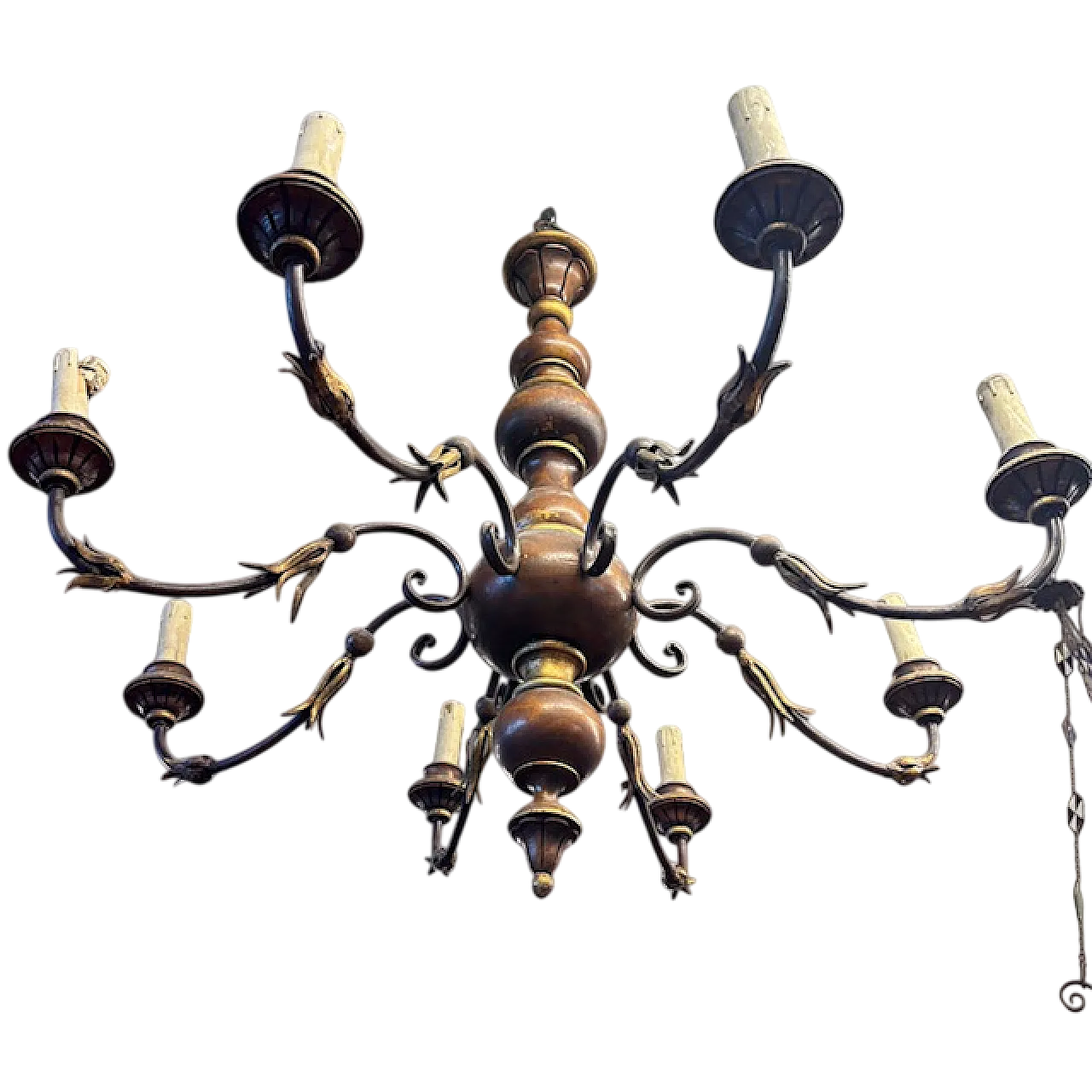 Lampadario 8 luci legno tornito  e ferro battuto, 1940 10