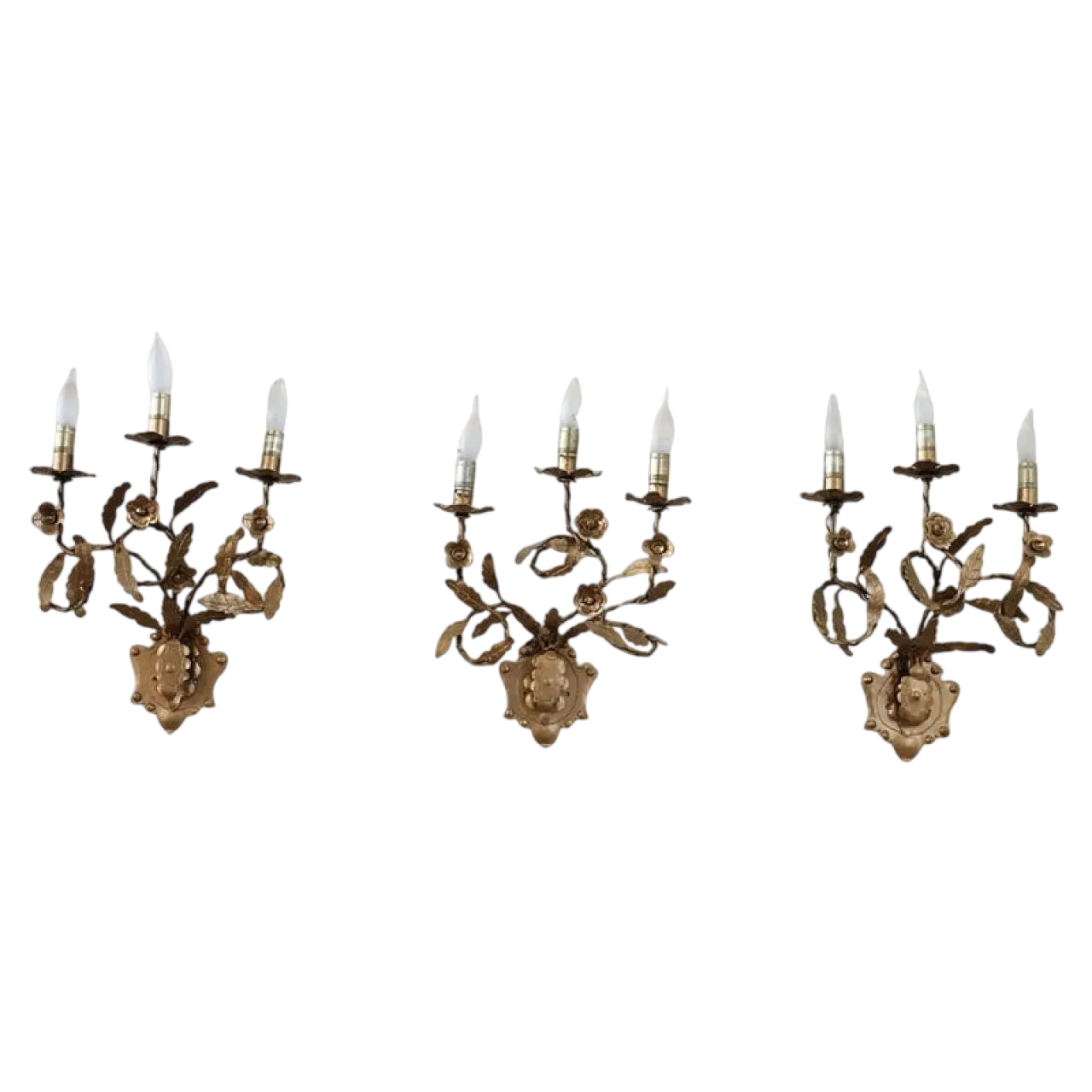 Set of three classic golden iron wall sconces, 1980s 14