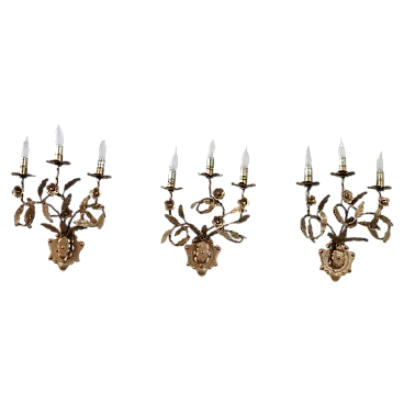 Set of three classic golden iron wall sconces, 1980s