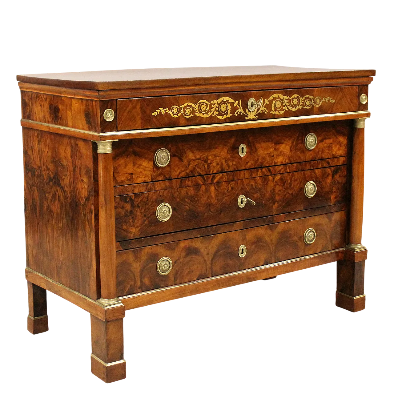 Empire chest of drawers in 19th century Italian inlaid walnut 16