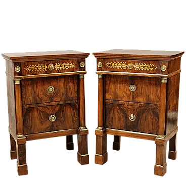 Coppia comodini Impero in noce intarsiati Italia '800