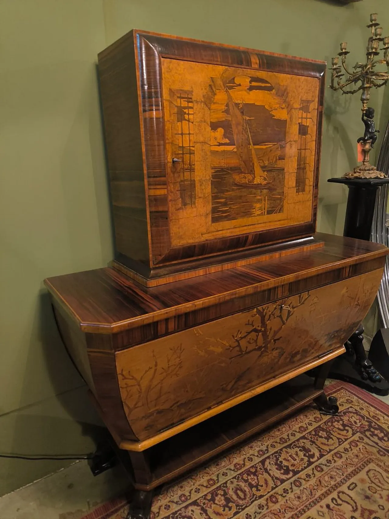 Cornelio Ferrandi, mobile bar intarsiato a mano, anni '60 1