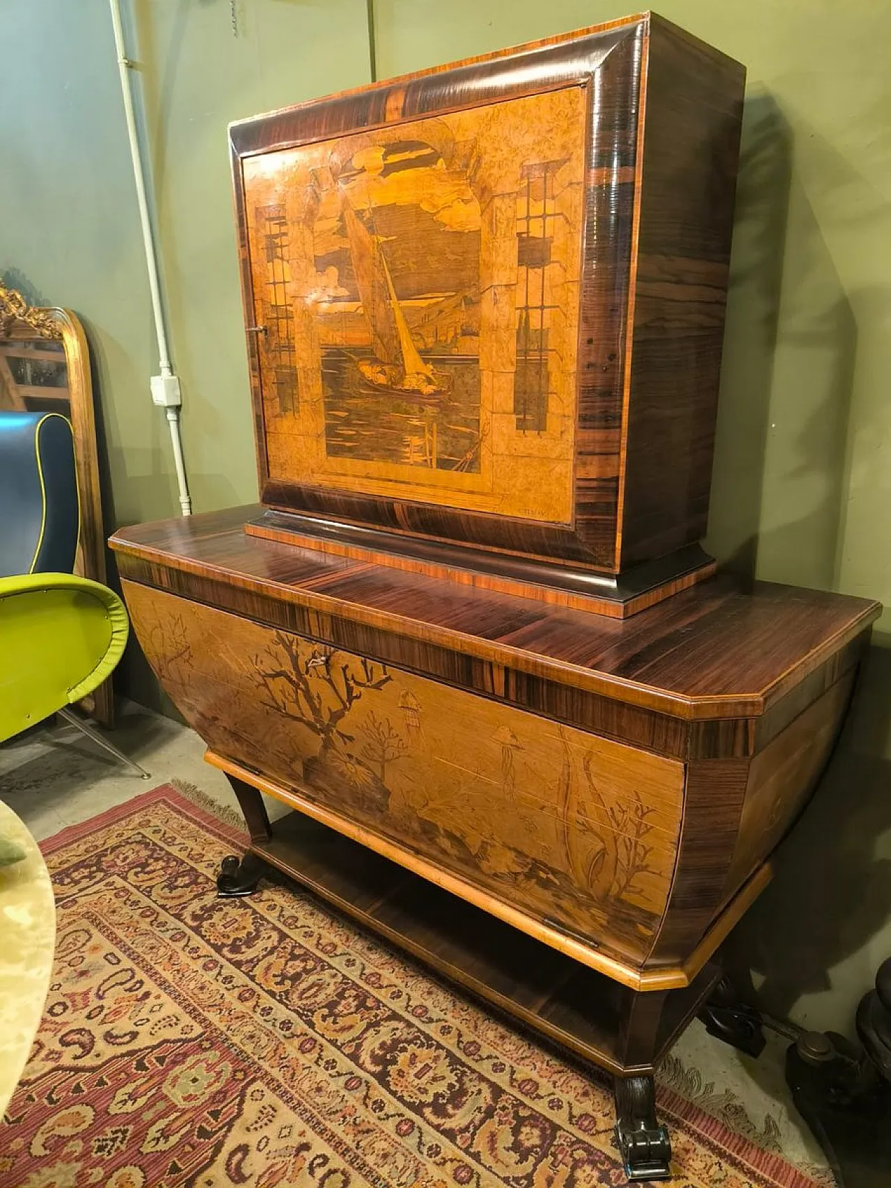 Cornelio Ferrandi, mobile bar intarsiato a mano, anni '60 15