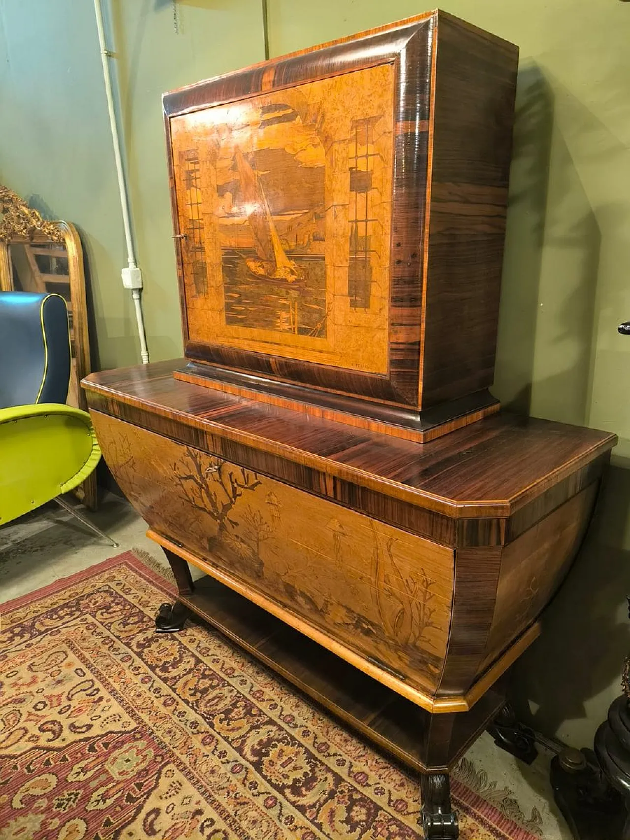 Cornelio Ferrandi, mobile bar intarsiato a mano, anni '60 17