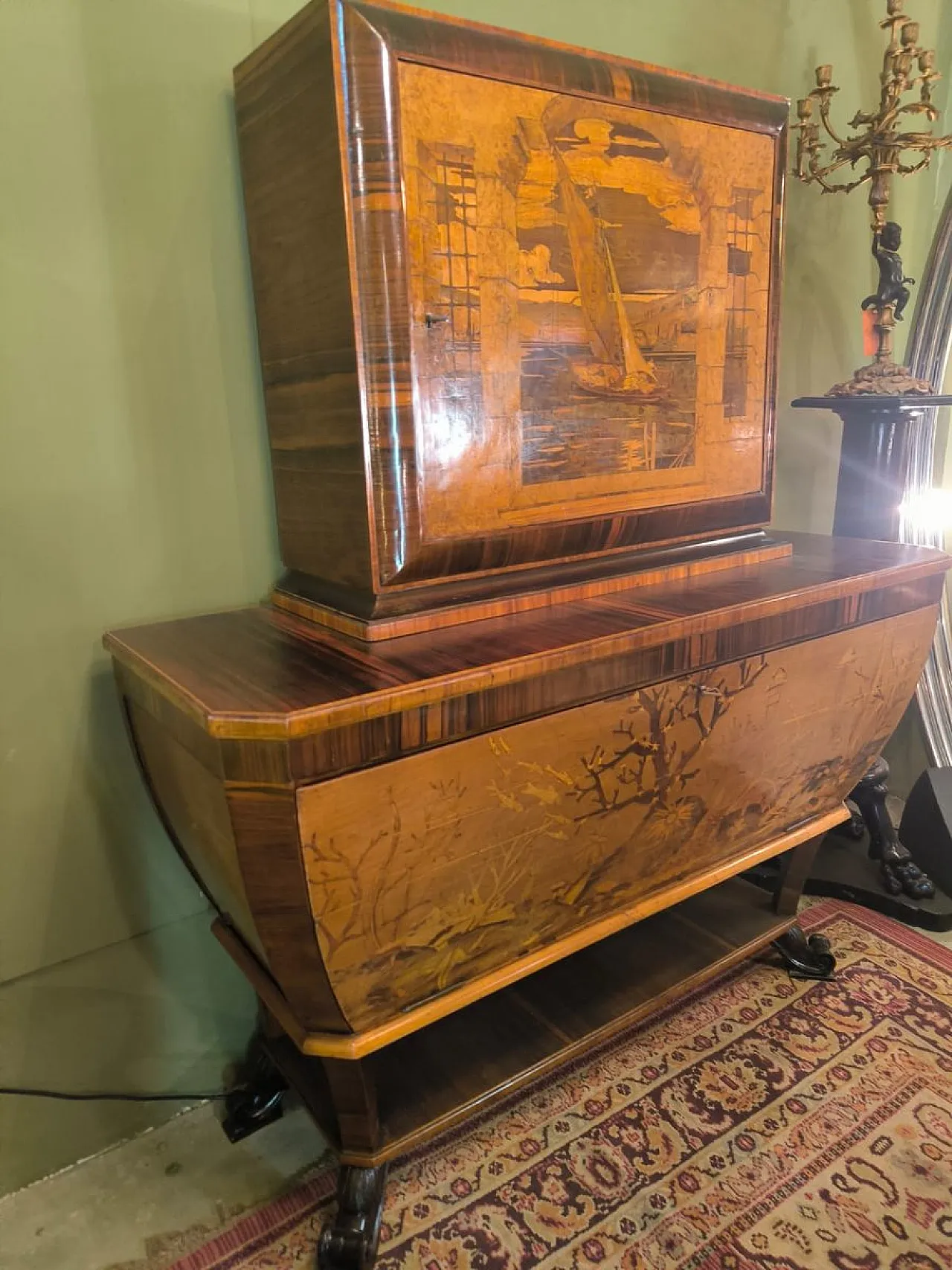 Cornelio Ferrandi, mobile bar intarsiato a mano, anni '60 18