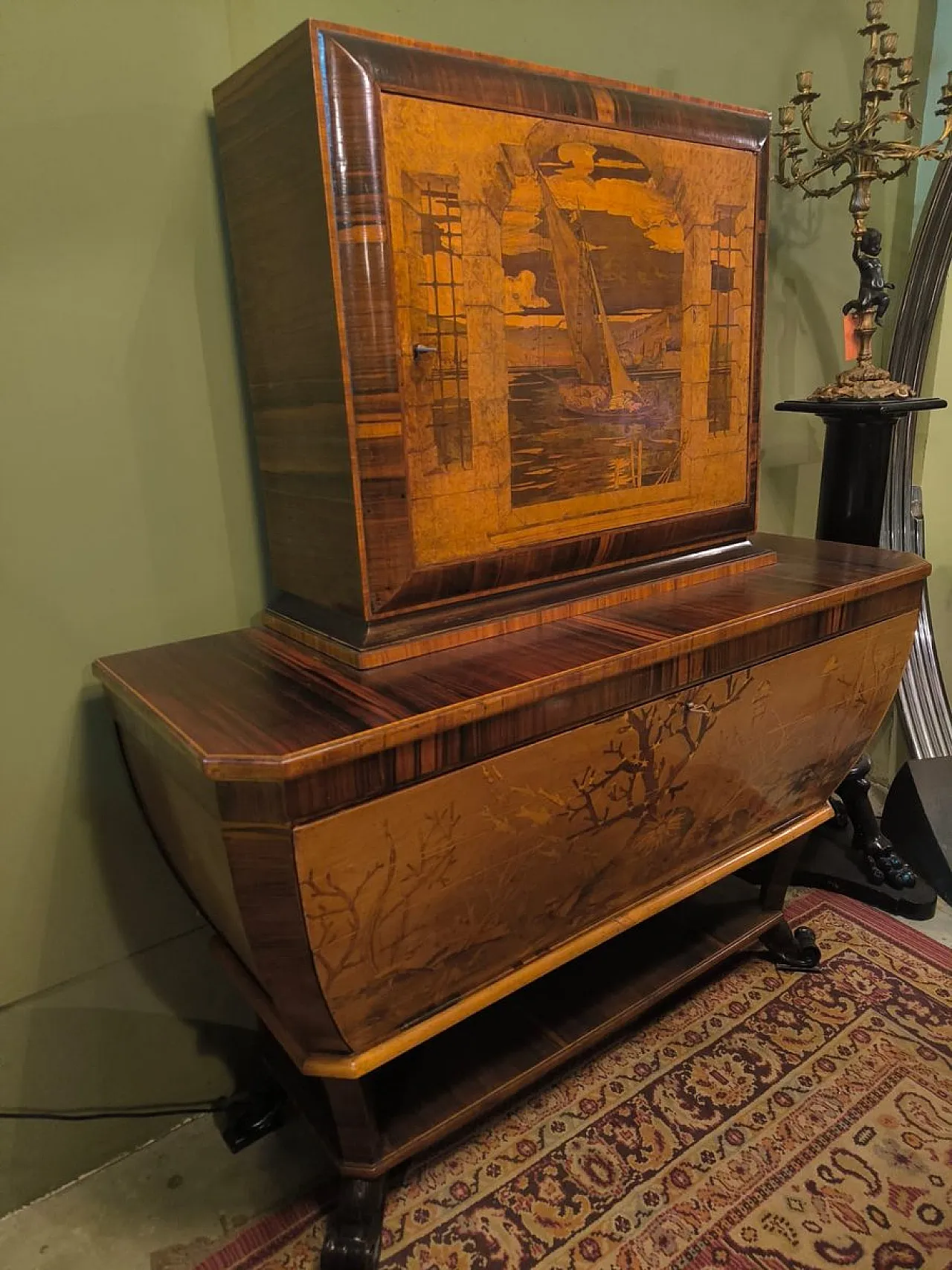 Cornelio Ferrandi, mobile bar intarsiato a mano, anni '60 26