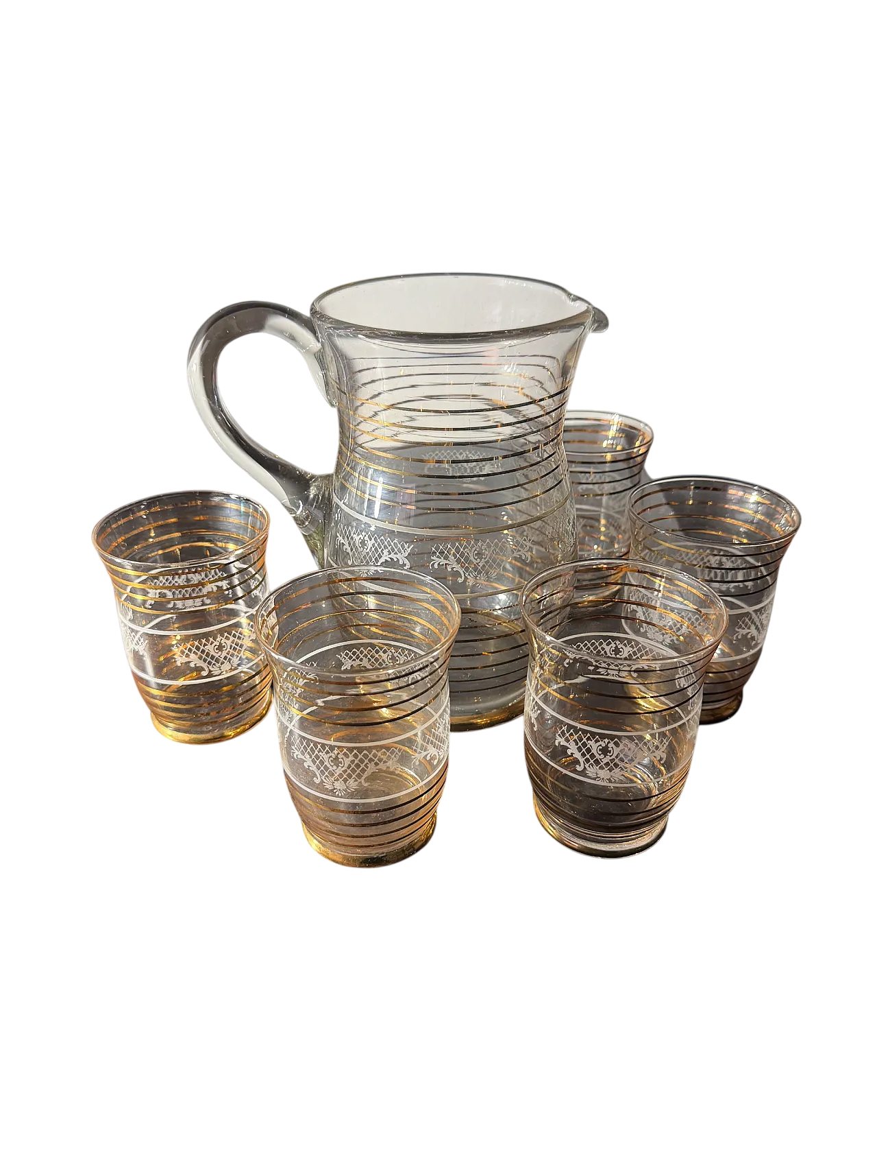 Brocca e 5 bicchieri filo oro zecchino, anni '70 6