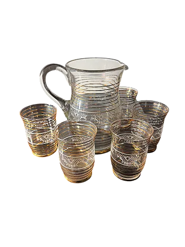 Brocca e 5 bicchieri filo oro zecchino, anni '70