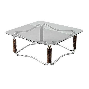 Tavolino da caffè in metallo e vetro fumé, anni 70