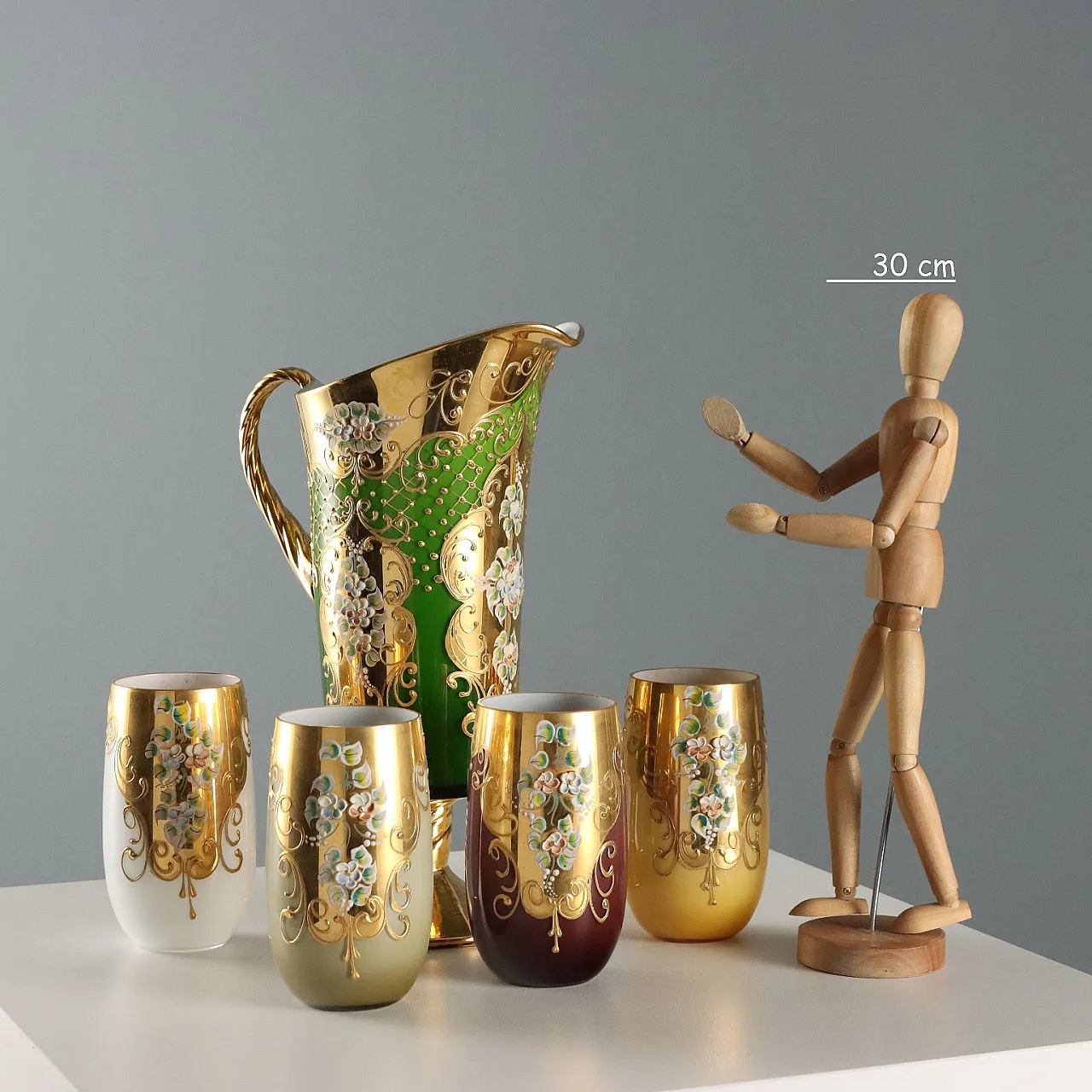 Brocca con 4 bicchieri in vetro policromo, '900 2