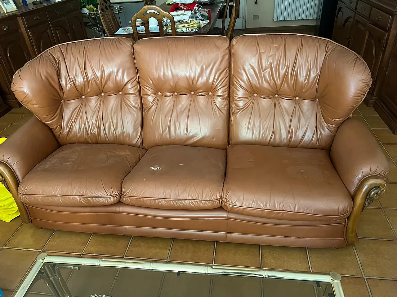 Sofa with two cognac leather armchairs, 1980s 1
