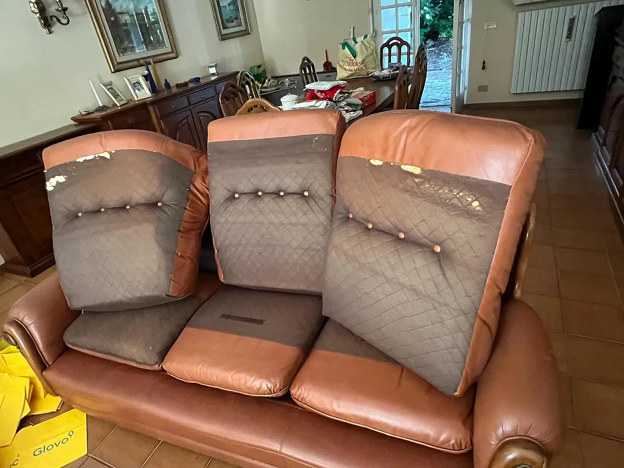 Sofa with two cognac leather armchairs, 1980s 6