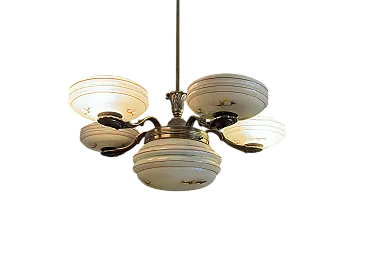 Lampadario Art Déco a 5 braccia in ottone e vetro, anni '40