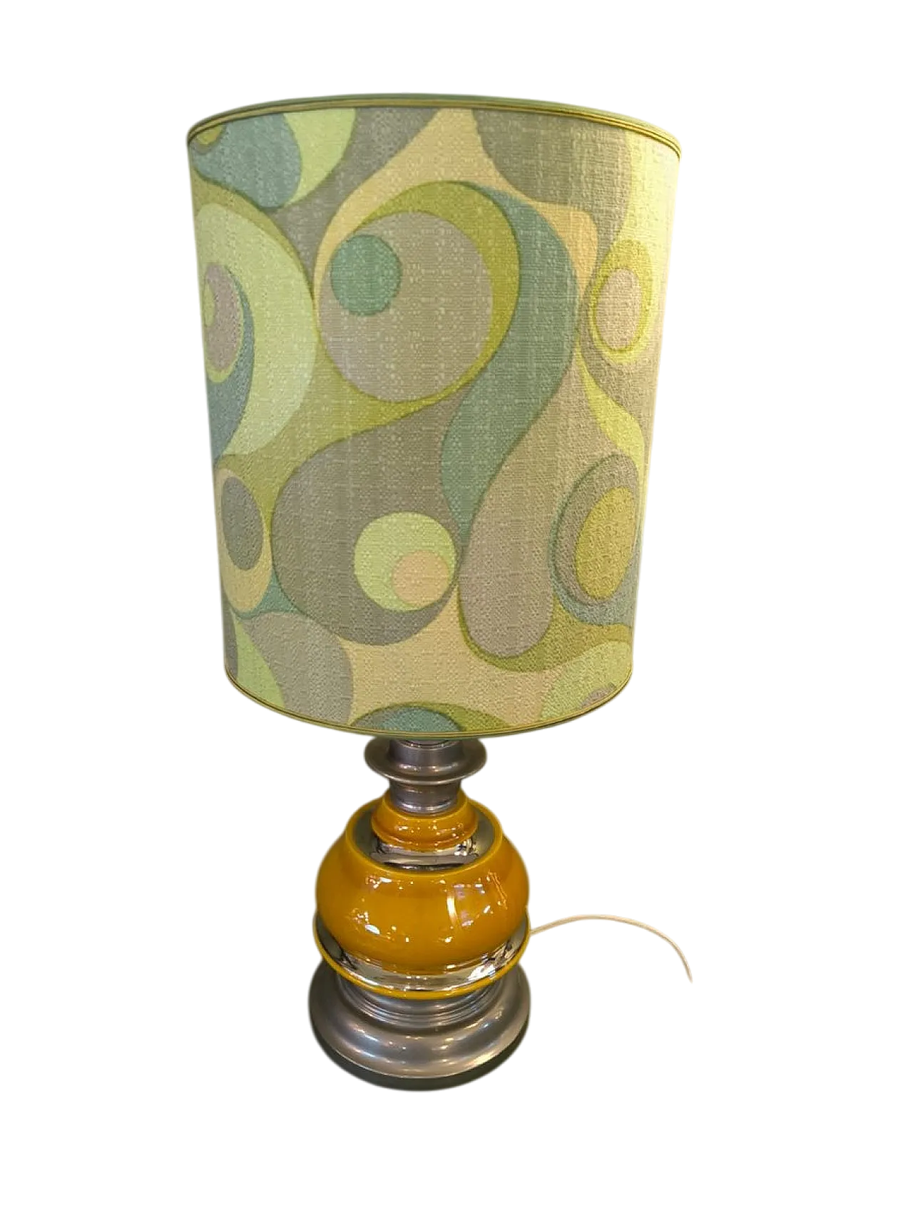 Lampada in ceramica e acciaio con paralume decorato, anni '70 9