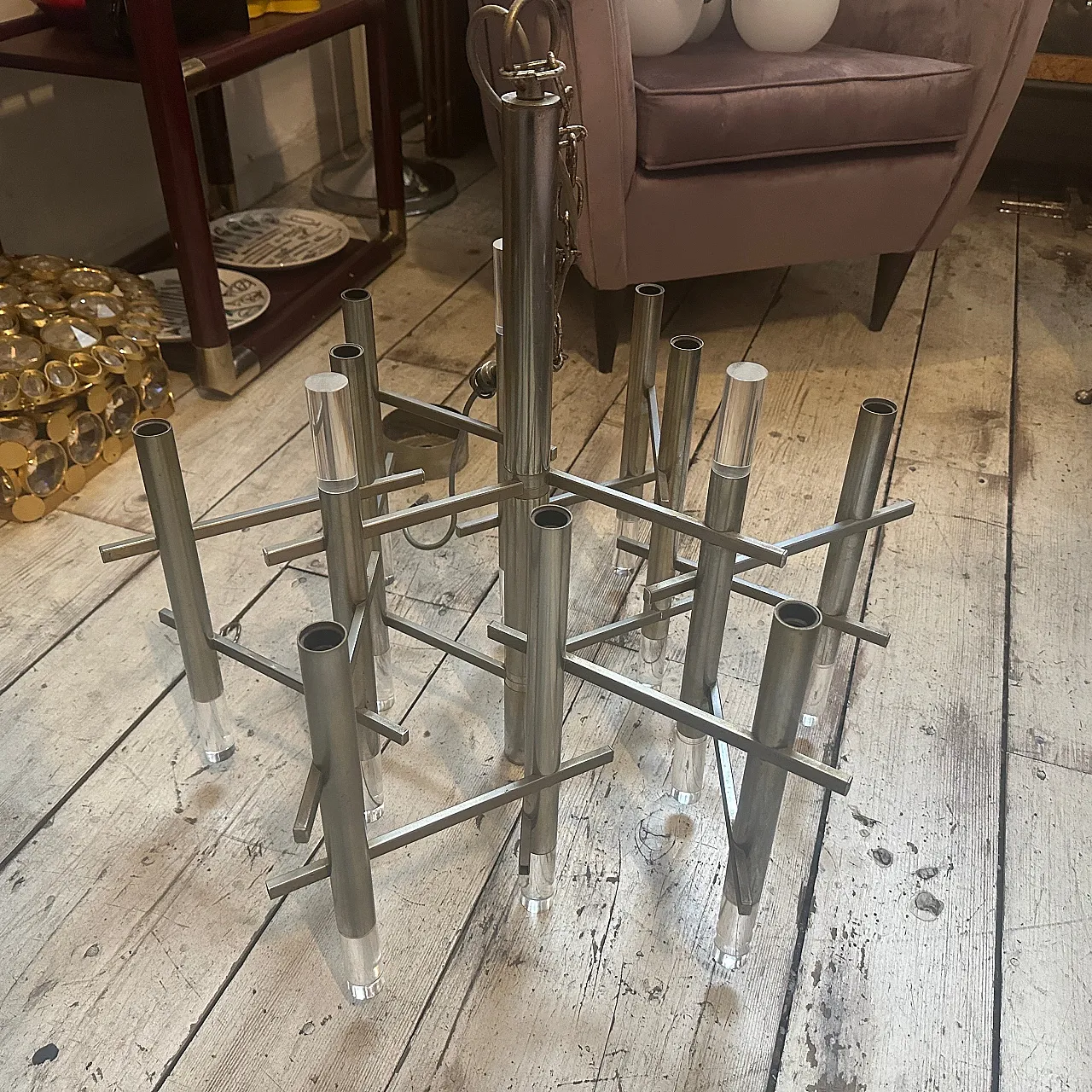 Lampadario in metallo e plexiglass di Gaetano Sciolari, anni '70 2