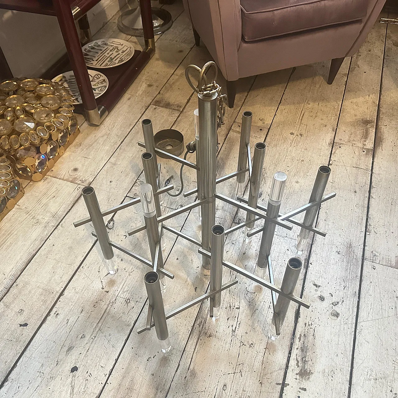 Lampadario in metallo e plexiglass di Gaetano Sciolari, anni '70 7