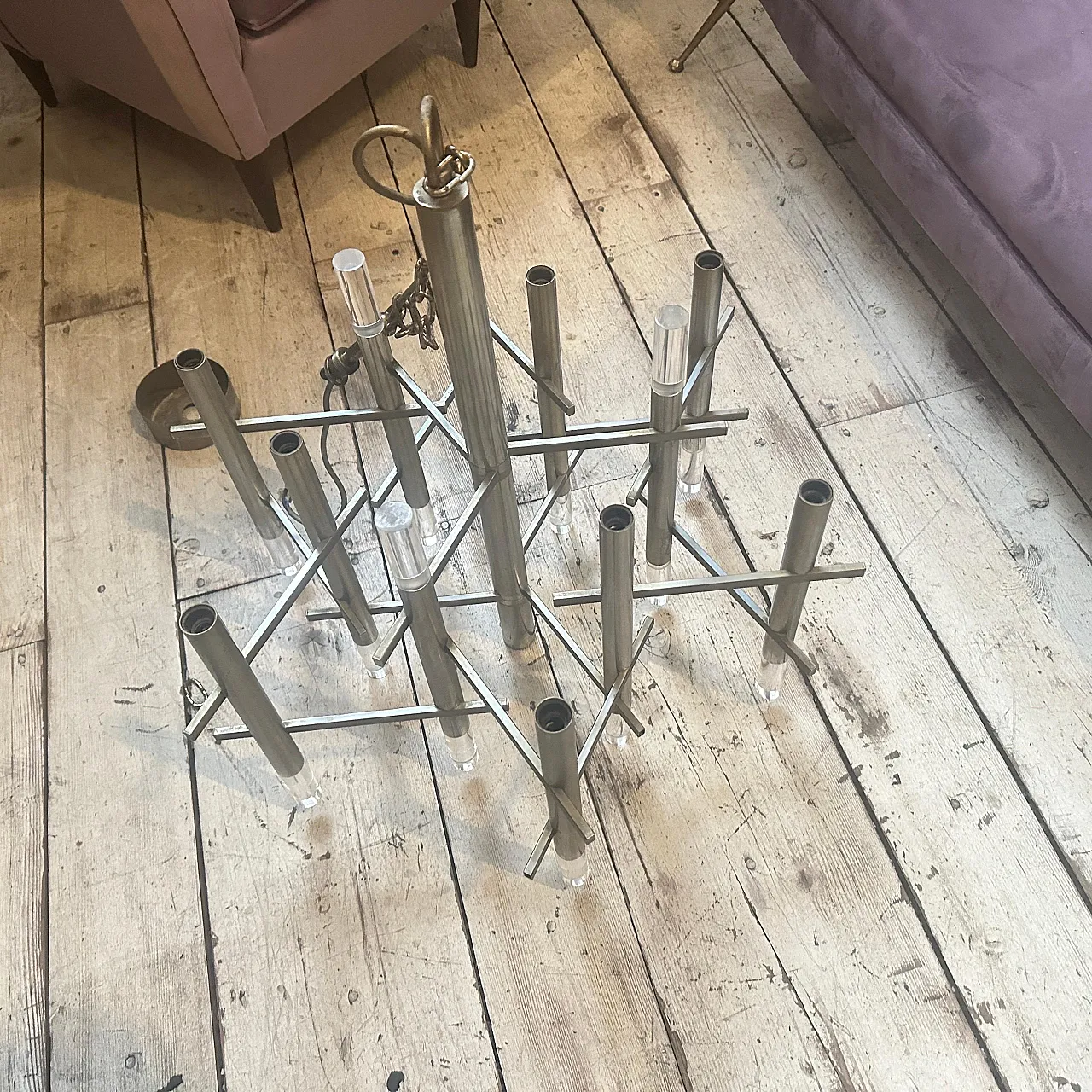 Lampadario in metallo e plexiglass di Gaetano Sciolari, anni '70 9