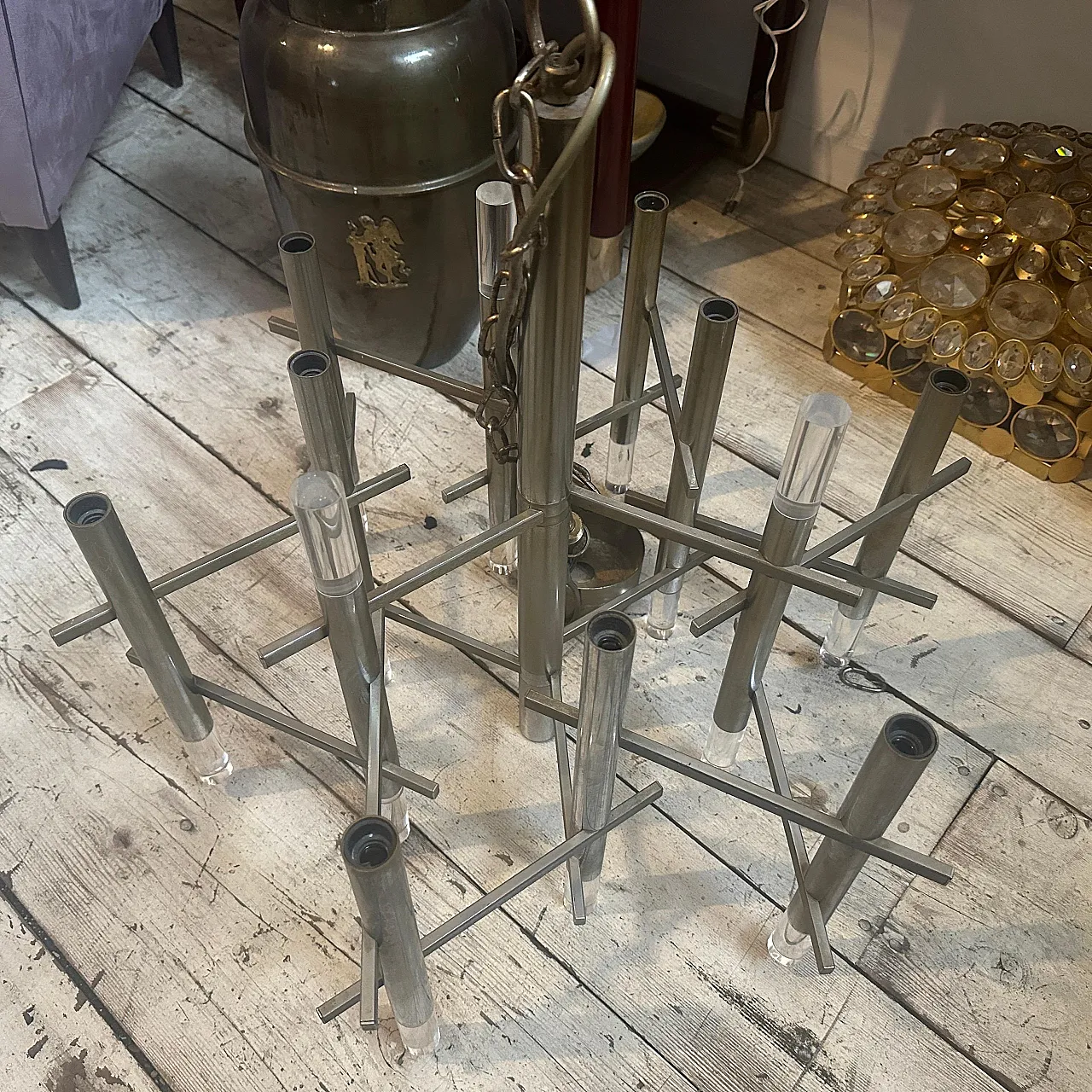 Lampadario in metallo e plexiglass di Gaetano Sciolari, anni '70 11