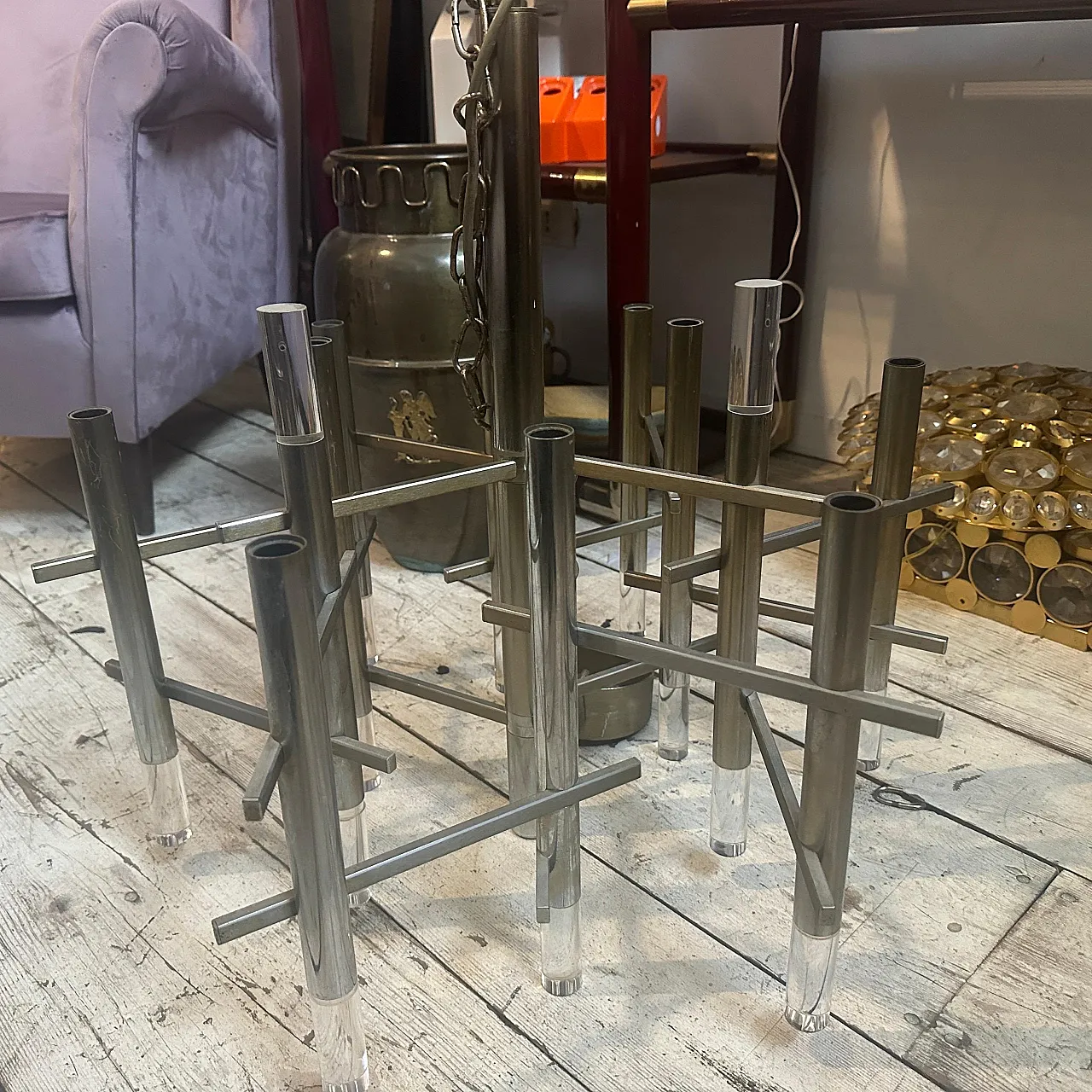 Lampadario in metallo e plexiglass di Gaetano Sciolari, anni '70 12