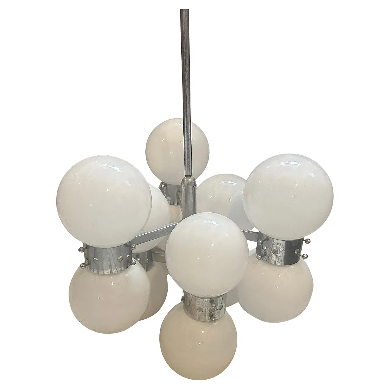 Lampadario a 10 luci in acciaio e vetro opalino, anni '60 1