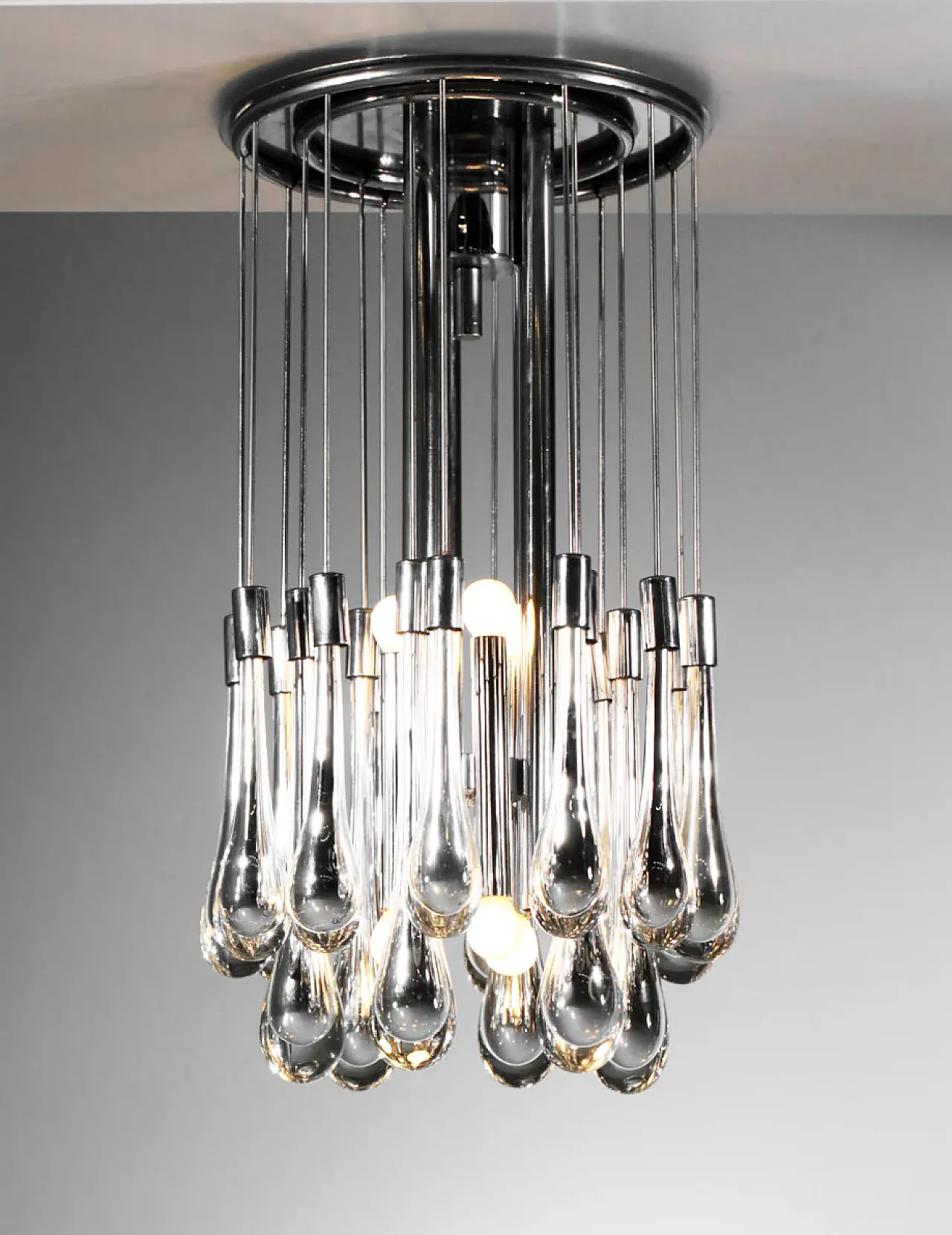 Lampadario in acciaio cromo e vetri Murano di Venini, anni '70 1