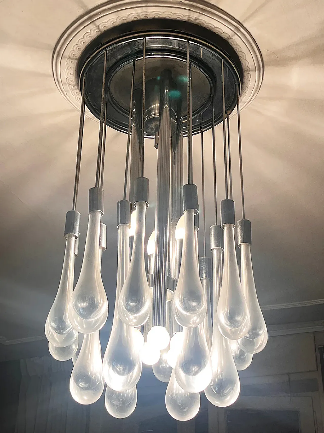 Lampadario in acciaio cromo e vetri Murano di Venini, anni '70 3