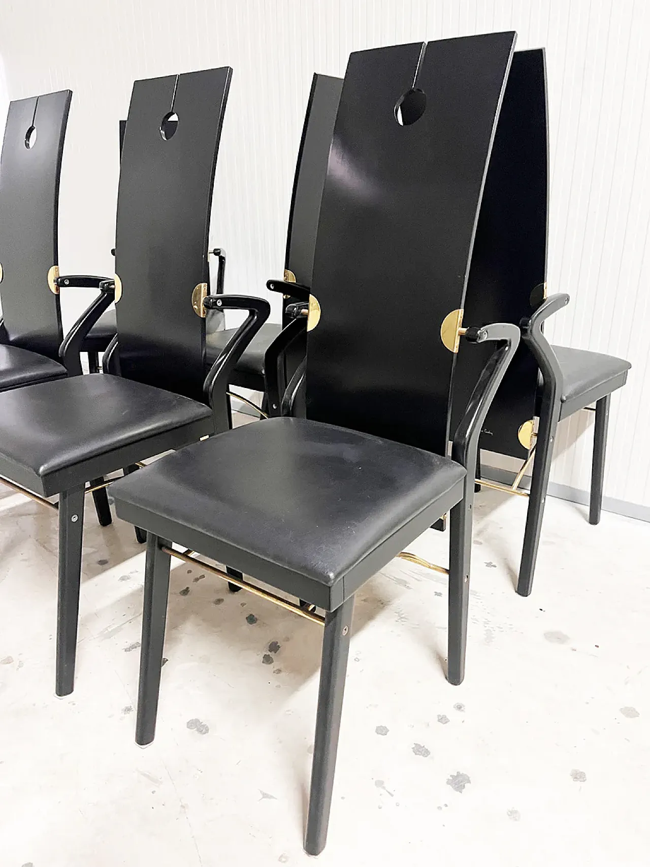 6 Sedie di Pierre Cardin in pelle, legno e ottone, anni '80 3
