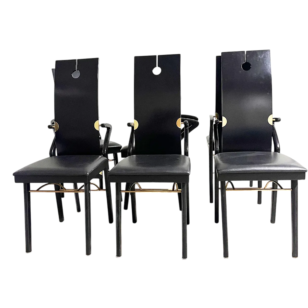 6 Sedie di Pierre Cardin in pelle, legno e ottone, anni '80 6