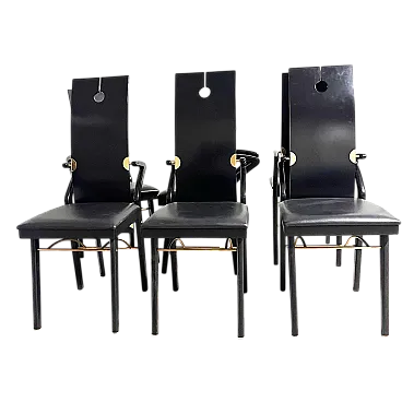 6 Sedie di Pierre Cardin in pelle, legno e ottone, anni '80