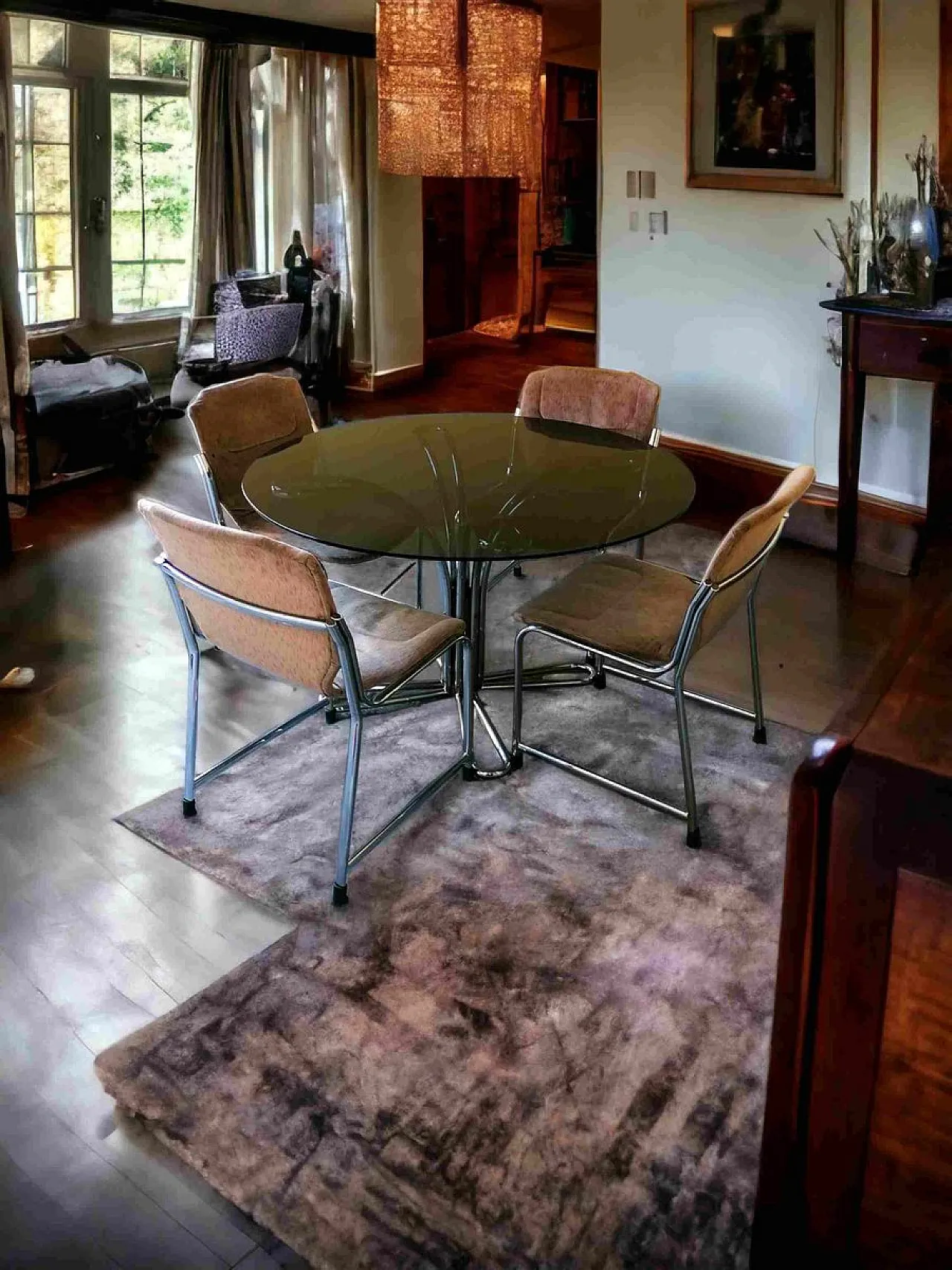 Tavolo e sedie in acciaio con ripiano in vetro di Giotto Stoppino, anni '70, set di 5 1