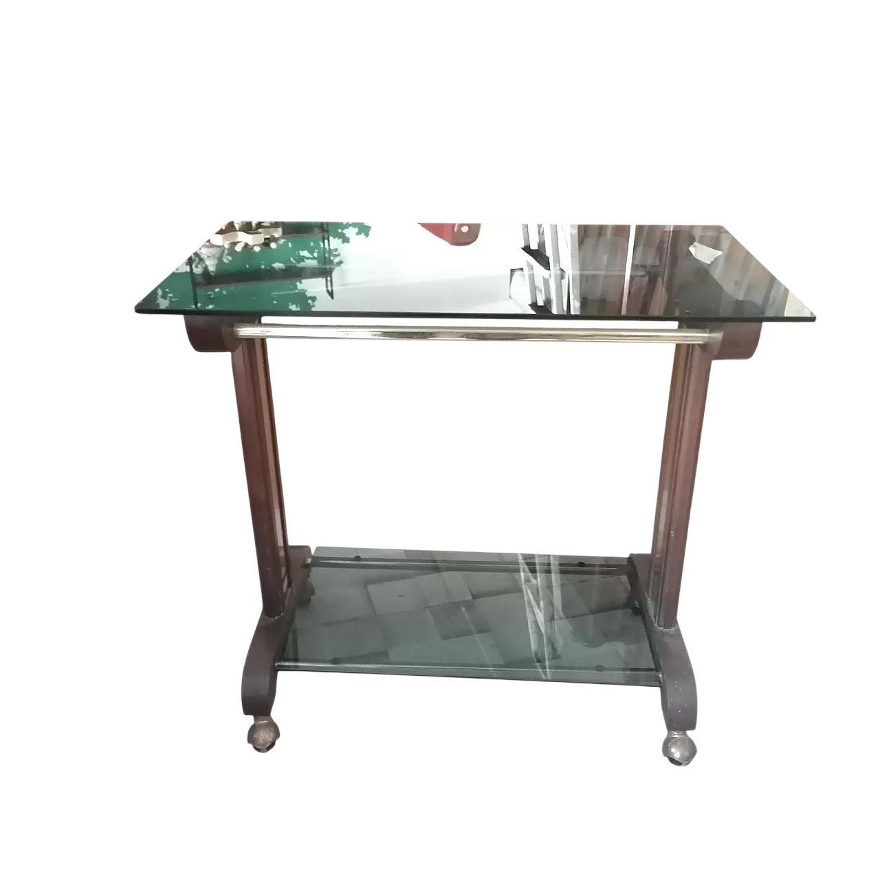 Carrello con ripiani fumé, anni '60 7