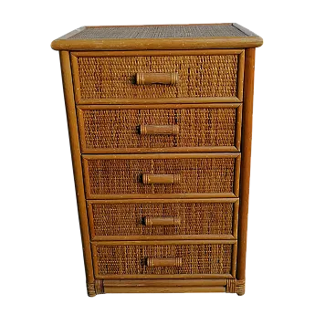 Cassettiera a cinque cassetti in bambù e rattan intrecciato, anni '70