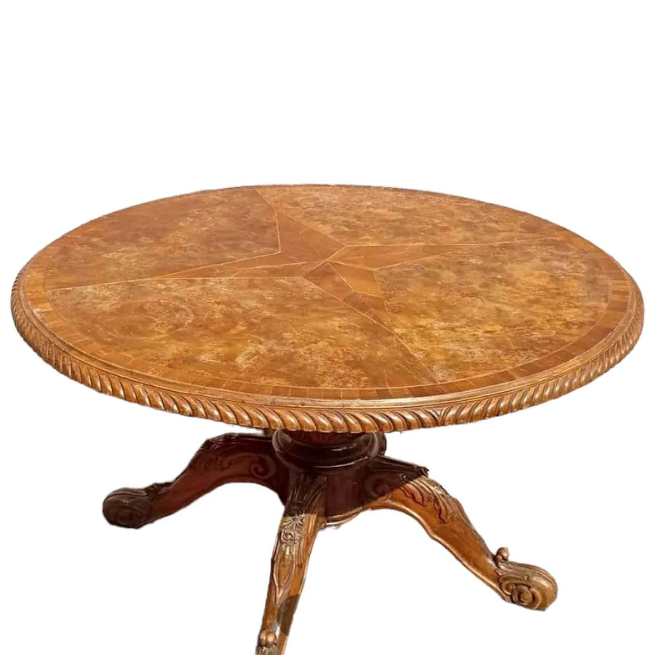 Tavolo rotondo in radica di noce con piano intarsiato, epoca 1890 1