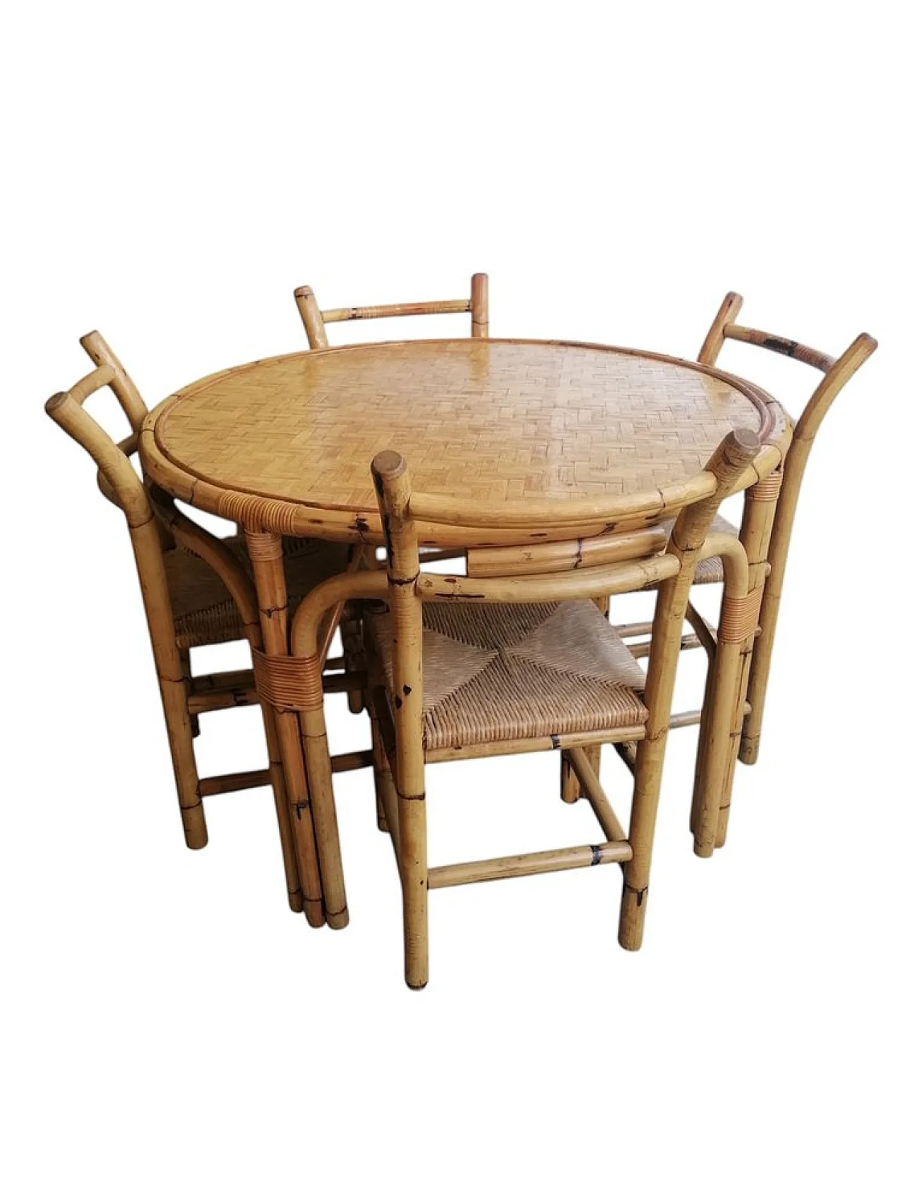 Tavolo da pranzo e 5 sedie in bambù,  anni '80 1