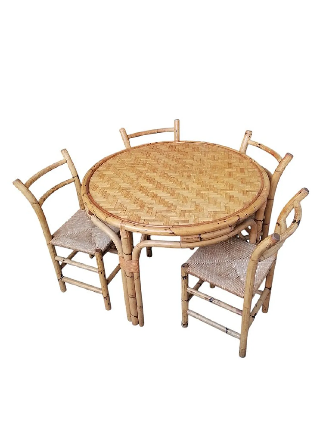 Tavolo da pranzo e 5 sedie in bambù,  anni '80 7