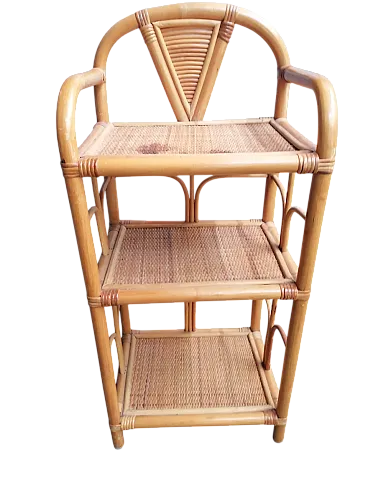 Comodino vintage a tre ripiani in bambù e vimini, anni '70