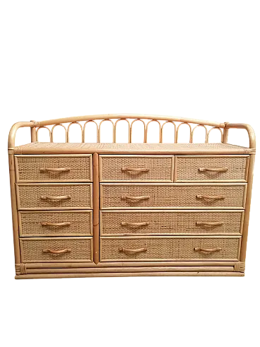 Cassettiera in bambù e vimini, anni '70